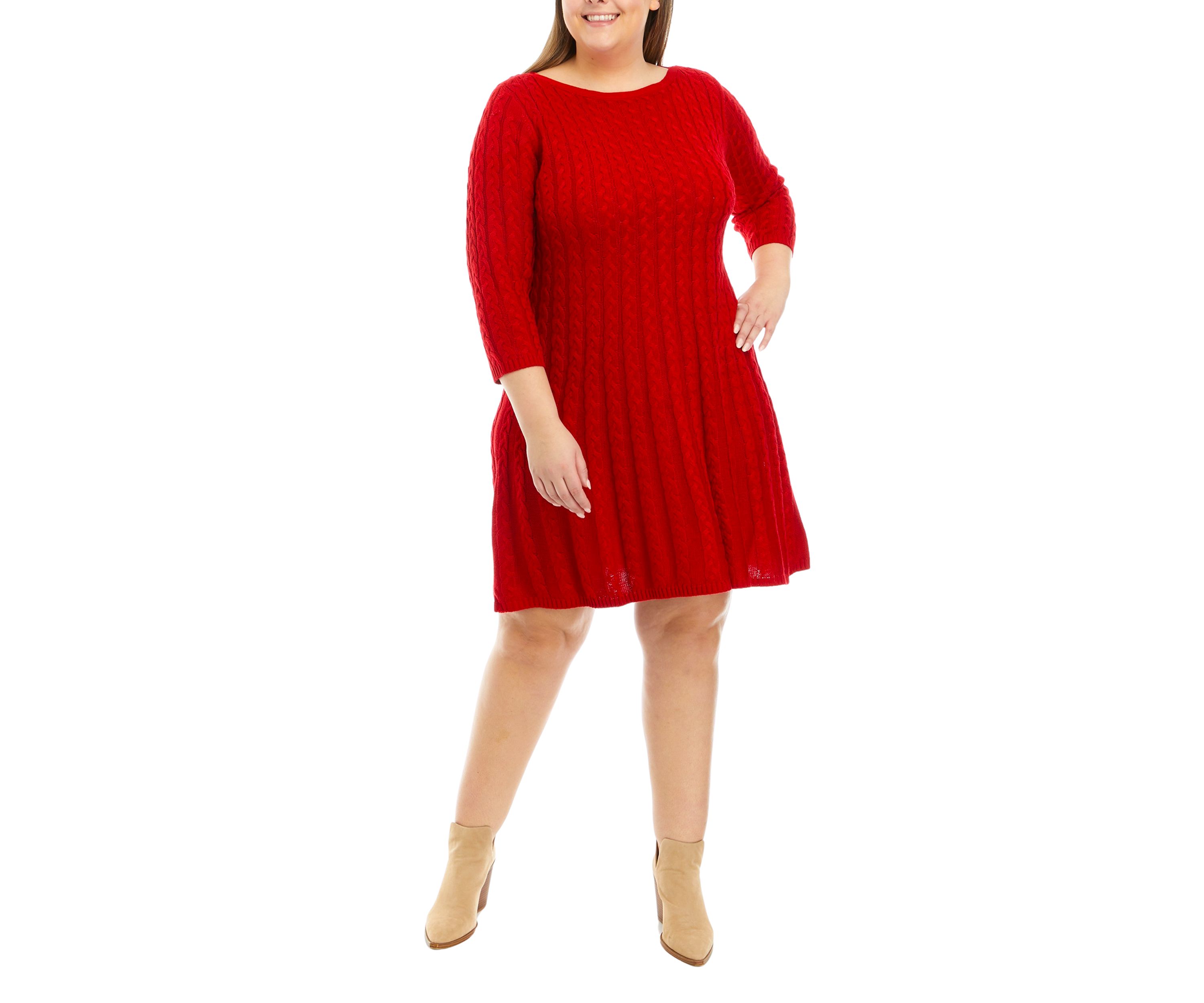 Plus Size 3/4 Sleeve Solid Cable Fit and Flare Sweater Dress