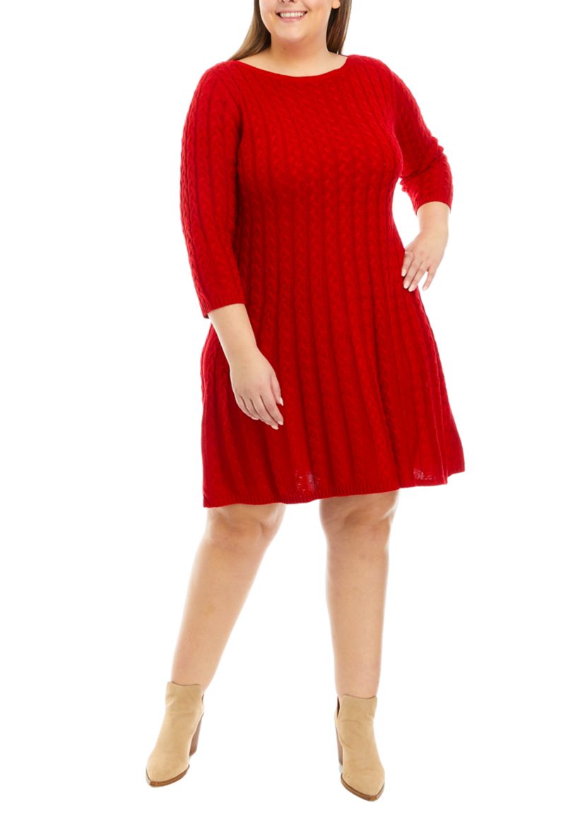 Plus Size 3/4 Sleeve Solid Cable Fit and Flare Sweater Dress