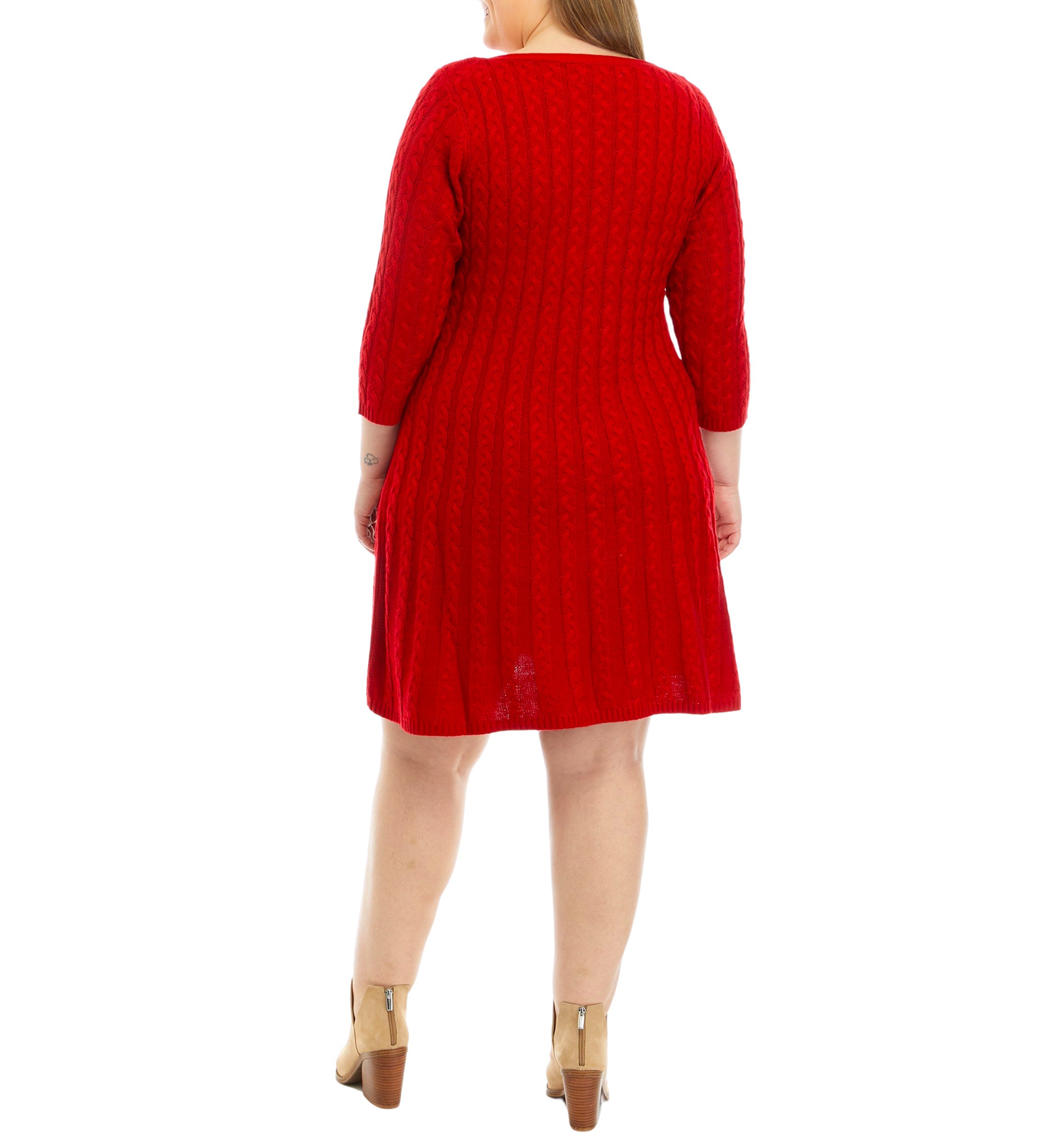 Plus Size 3/4 Sleeve Solid Cable Fit and Flare Sweater Dress