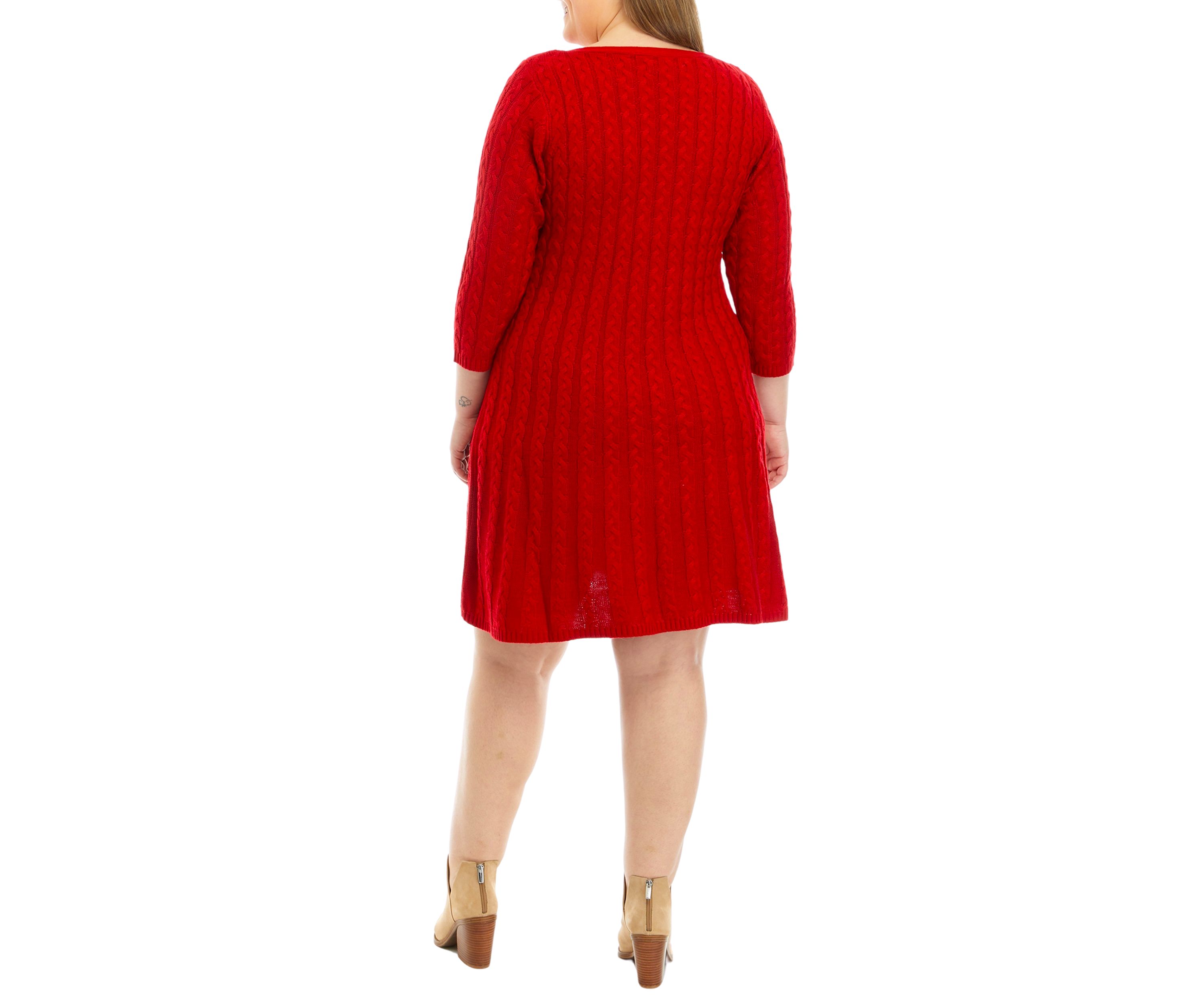 Plus Size 3/4 Sleeve Solid Cable Fit and Flare Sweater Dress