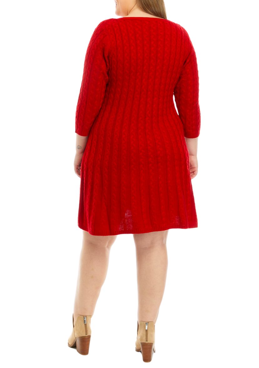 Plus Size 3/4 Sleeve Solid Cable Fit and Flare Sweater Dress