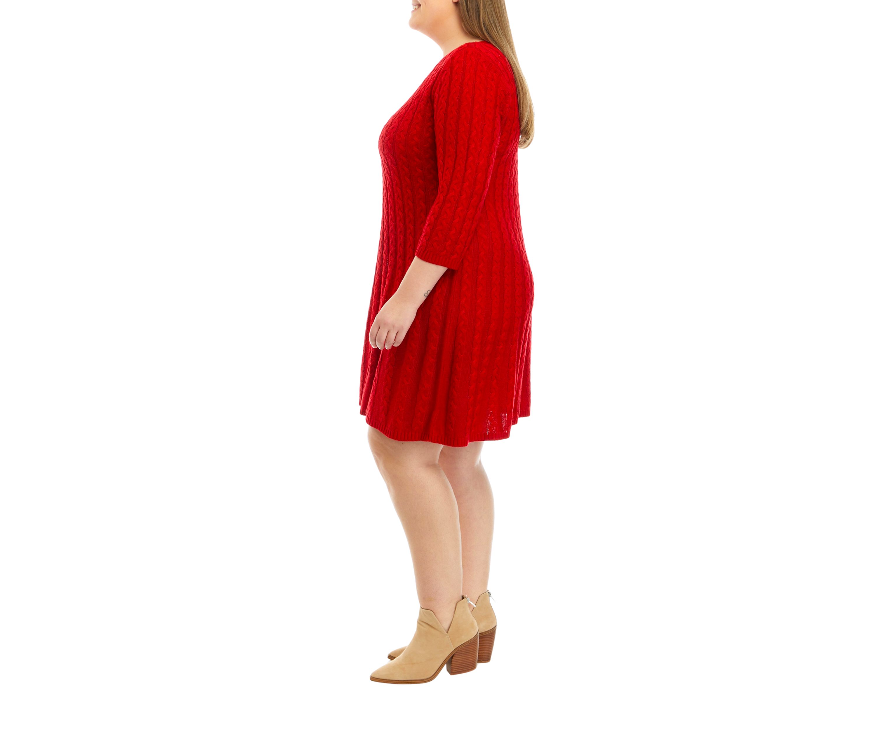 Plus Size 3/4 Sleeve Solid Cable Fit and Flare Sweater Dress