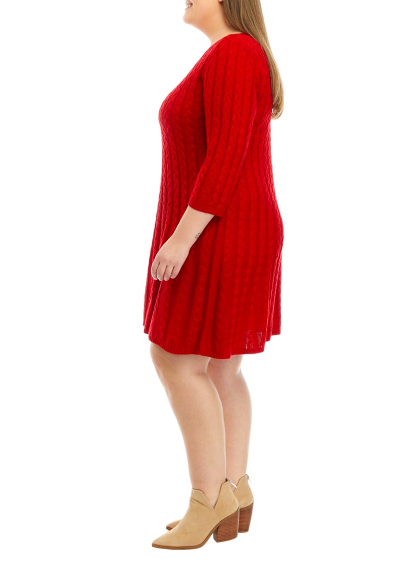 Plus Size 3/4 Sleeve Solid Cable Fit and Flare Sweater Dress