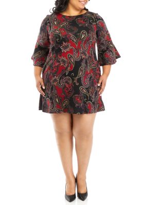 Jessica Howard Women's Plus Size 3/4 Bell Sleeve Paisley A-Line Dress