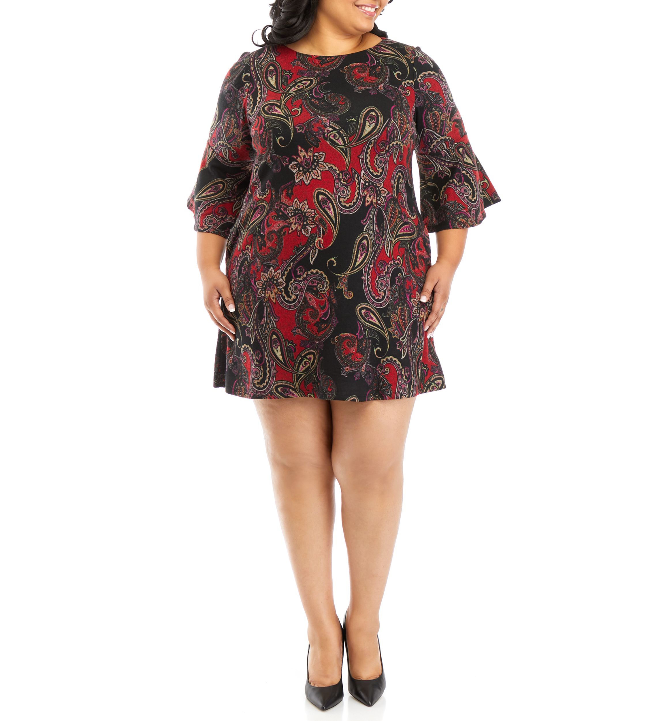 Plus Size 3/4 Bell Sleeve Paisley A-Line Dress