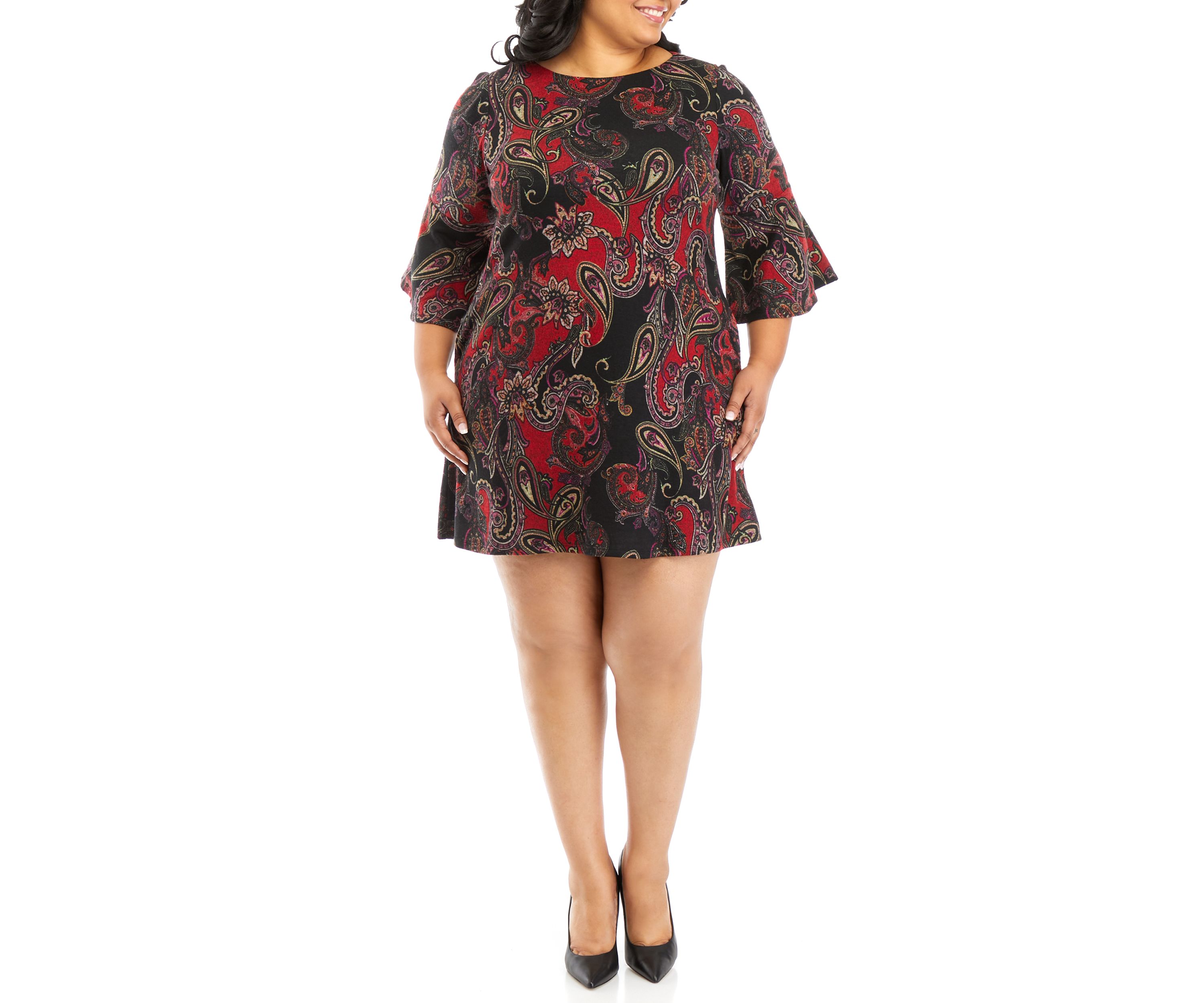 Plus Size 3/4 Bell Sleeve Paisley A-Line Dress
