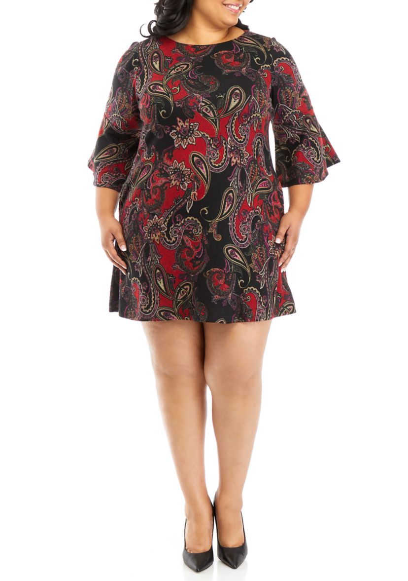 Plus Size 3/4 Bell Sleeve Paisley A-Line Dress
