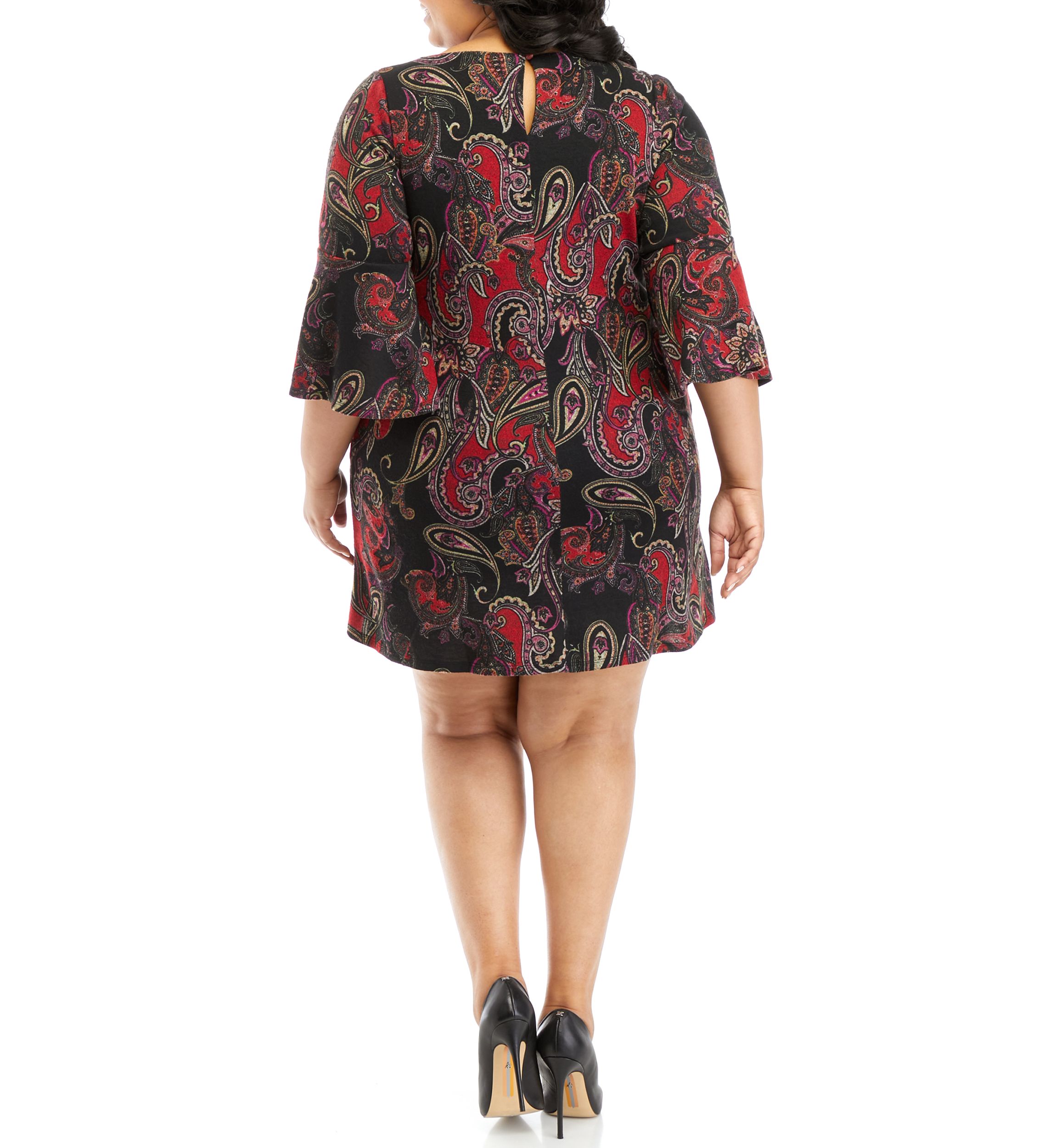 Plus Size 3/4 Bell Sleeve Paisley A-Line Dress