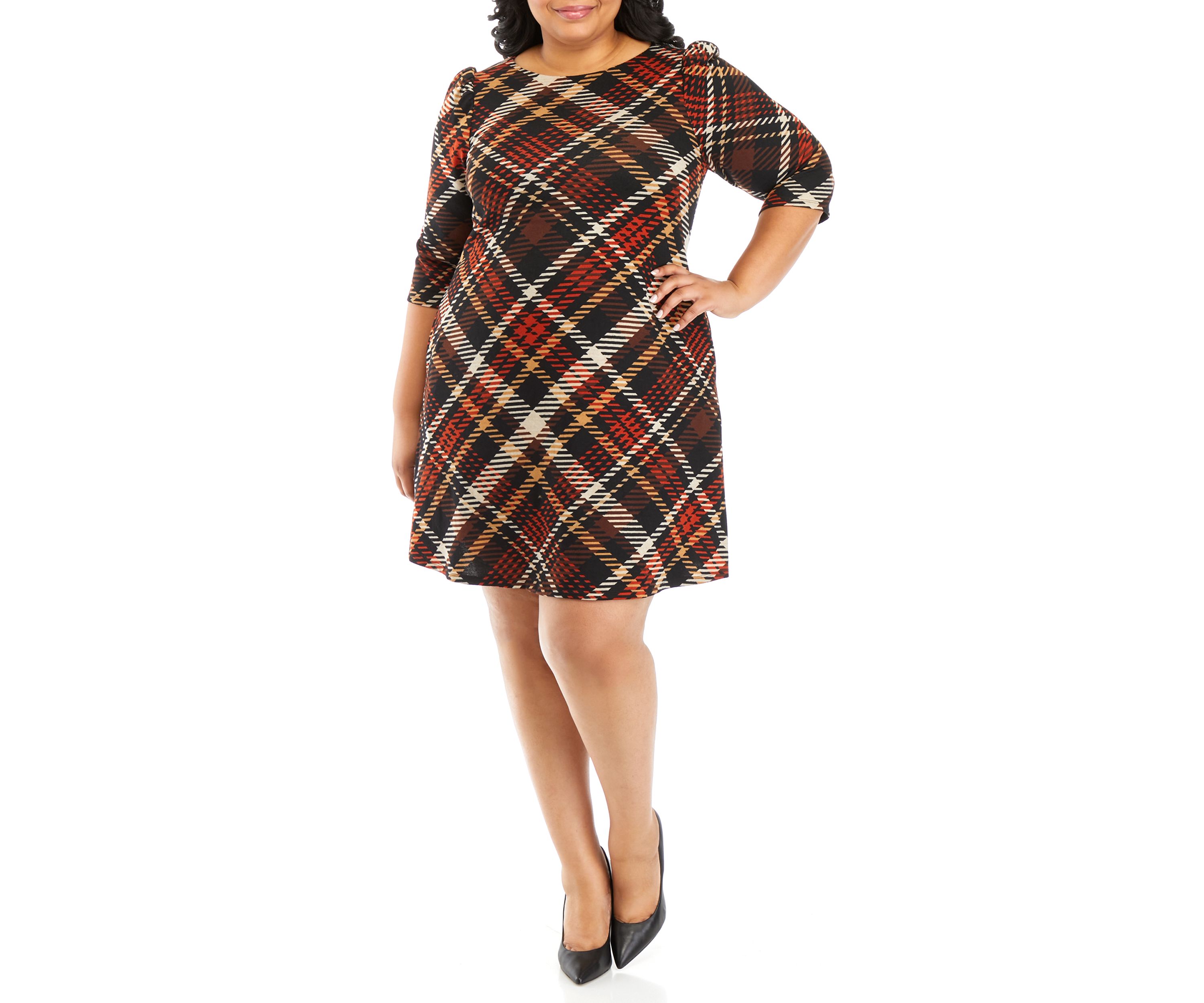 Plus Size 3/4 Puff Sleeve Plaid A-Line Dress