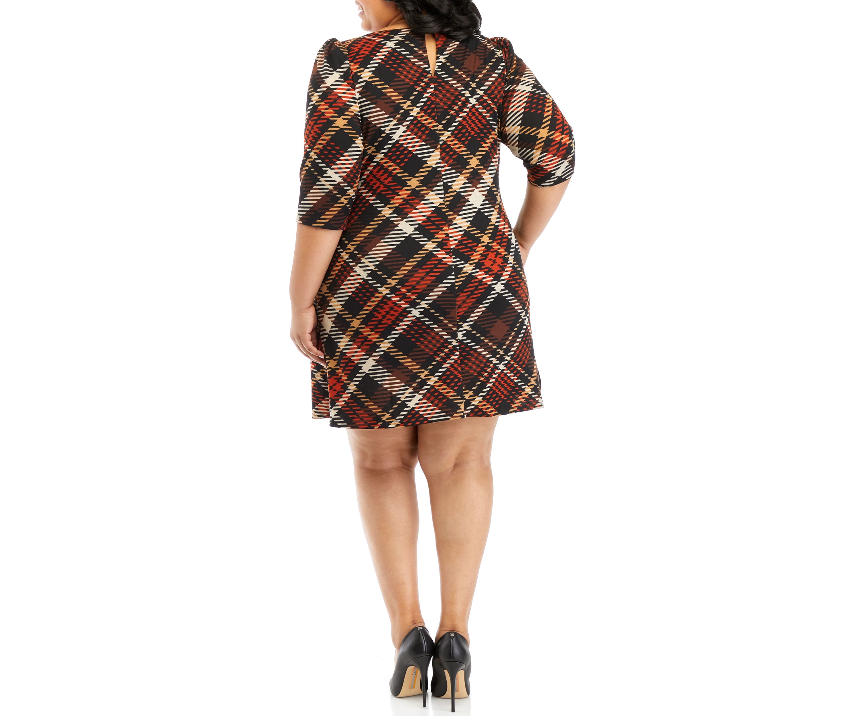 Plus Size 3/4 Puff Sleeve Plaid A-Line Dress