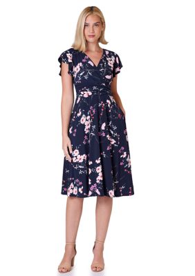 Women's Cap Sleeve Floral V-Neck Midi Dress