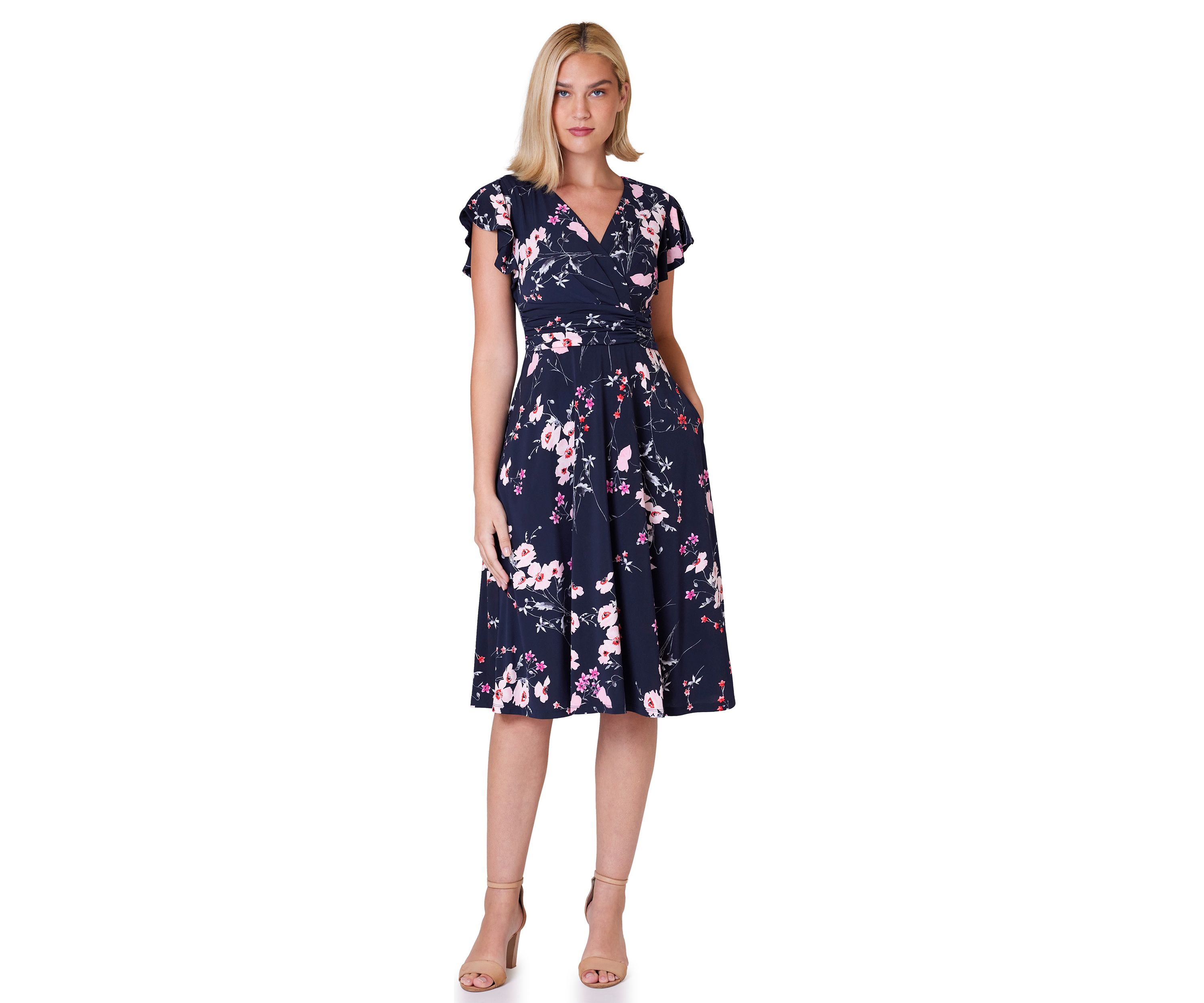 Womens Cap Sleeve Floral V-Neck Midi Dress