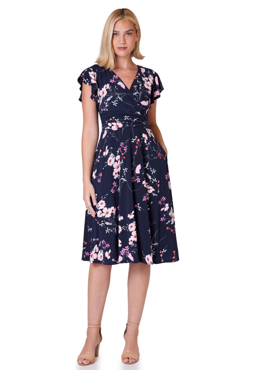Womens Cap Sleeve Floral V-Neck Midi Dress