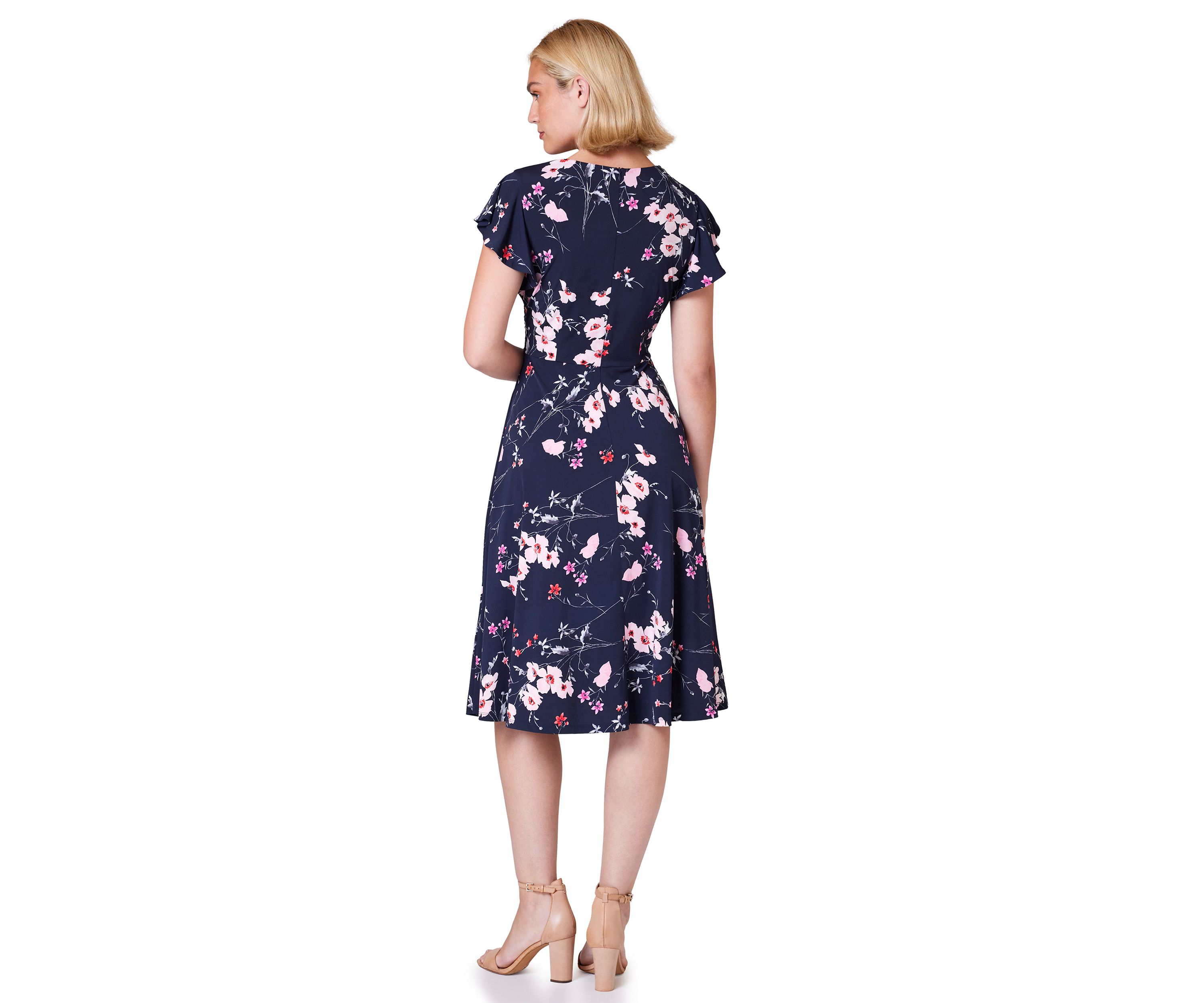 Womens Cap Sleeve Floral V-Neck Midi Dress