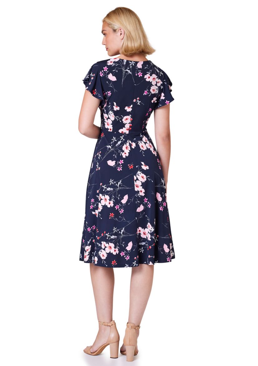 Womens Cap Sleeve Floral V-Neck Midi Dress
