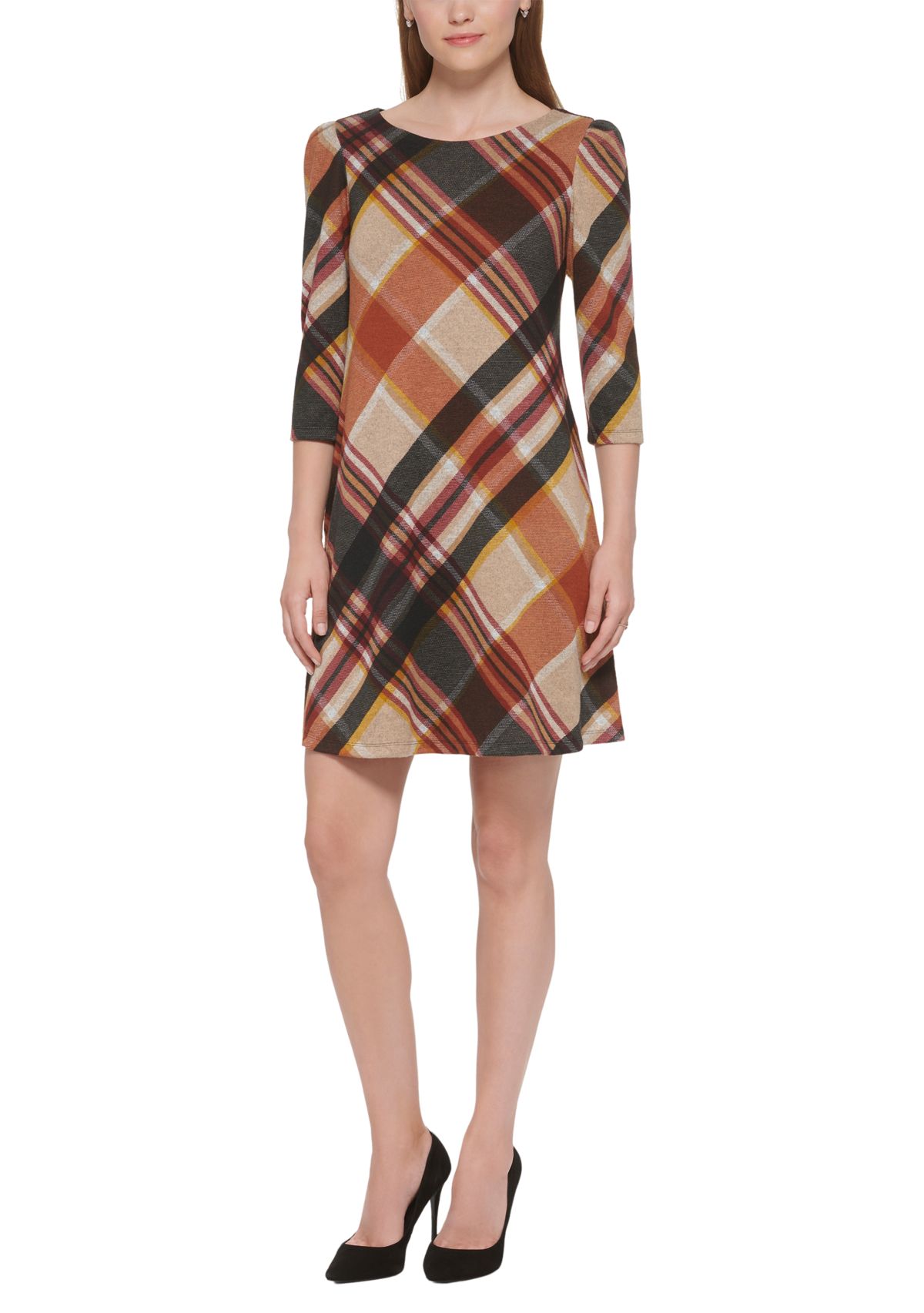 Womens 3/4 Sleeve Plaid Print A-Line Dress