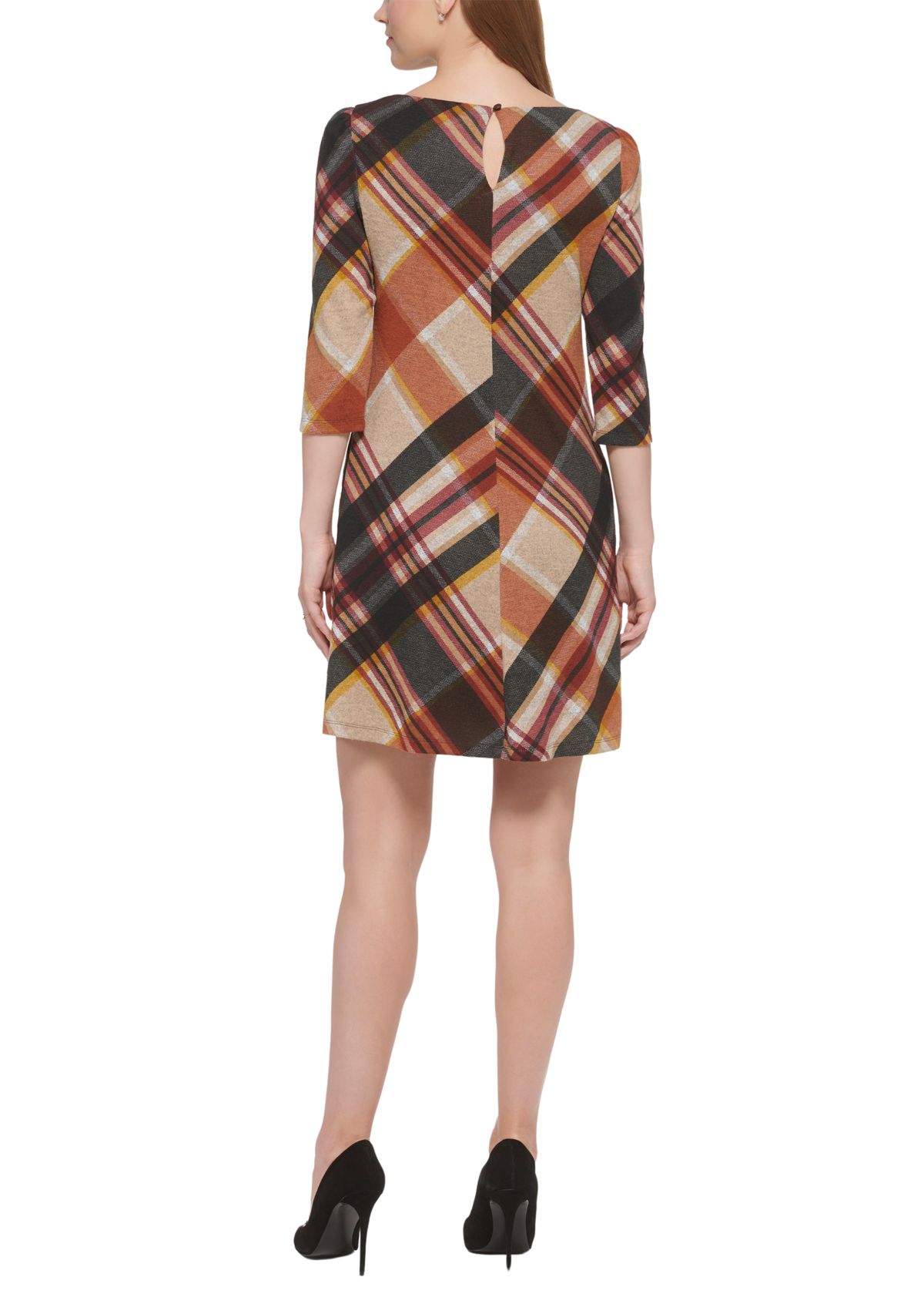 Womens 3/4 Sleeve Plaid Print A-Line Dress