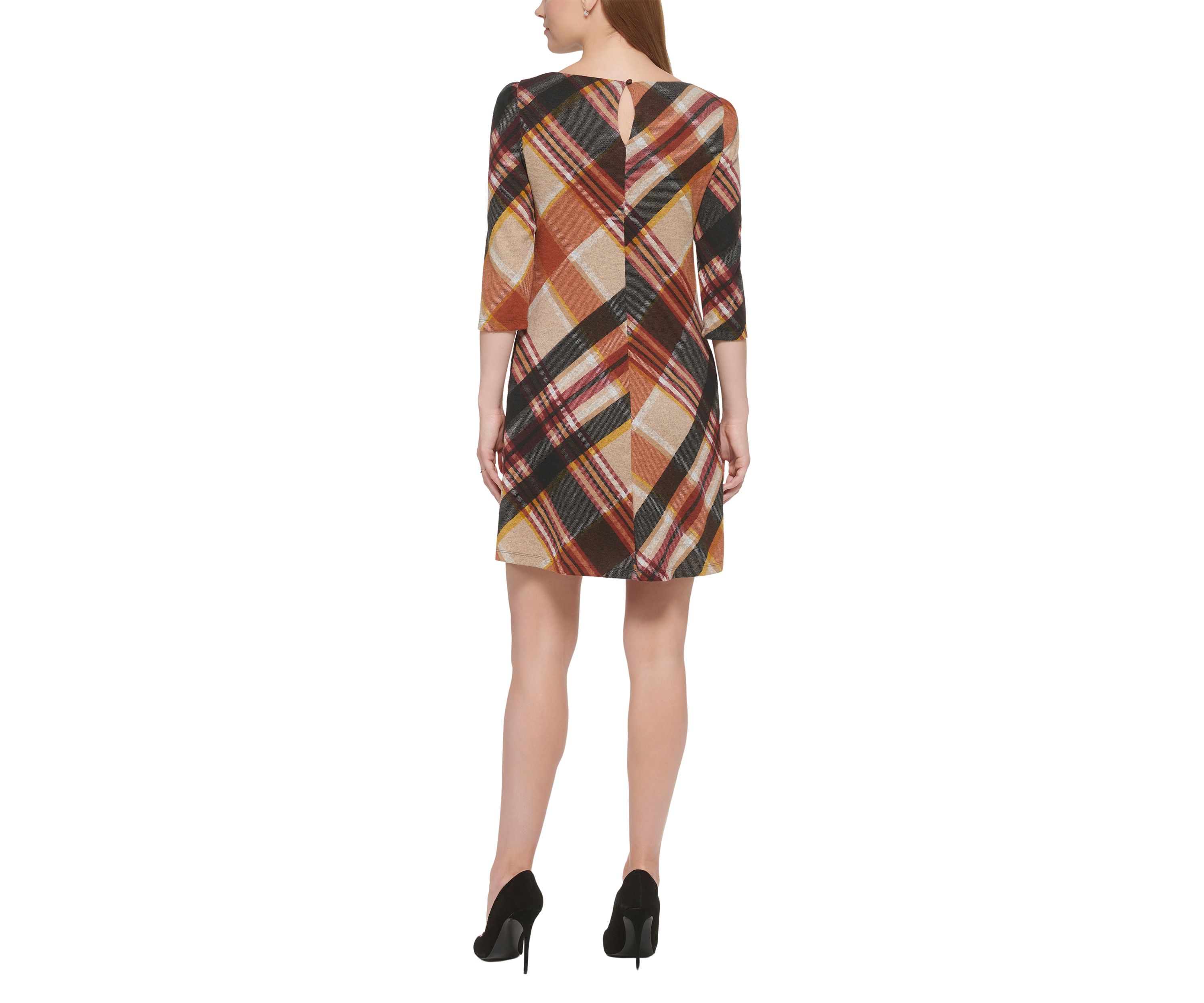 Womens 3/4 Sleeve Plaid Print A-Line Dress