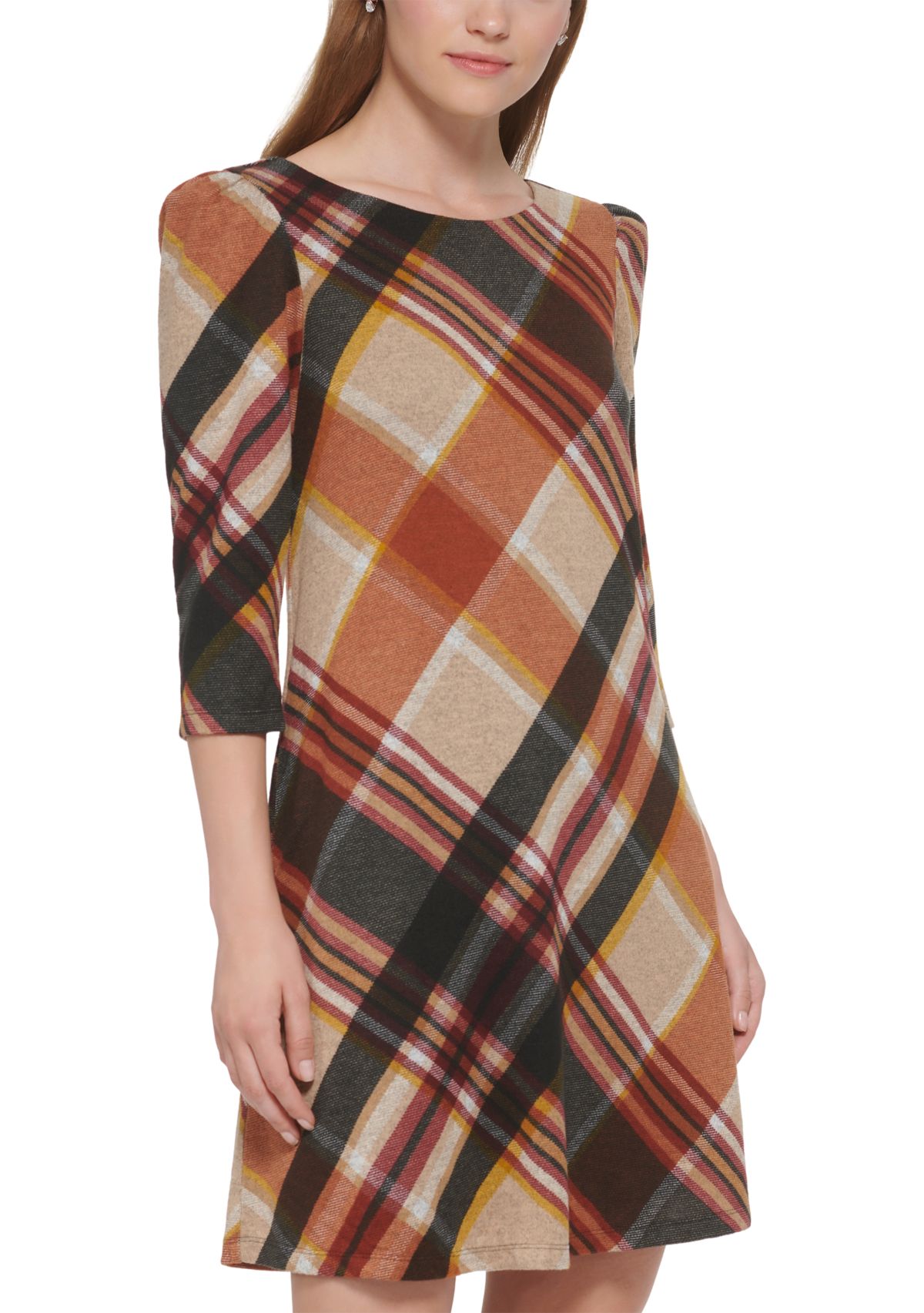 Womens 3/4 Sleeve Plaid Print A-Line Dress