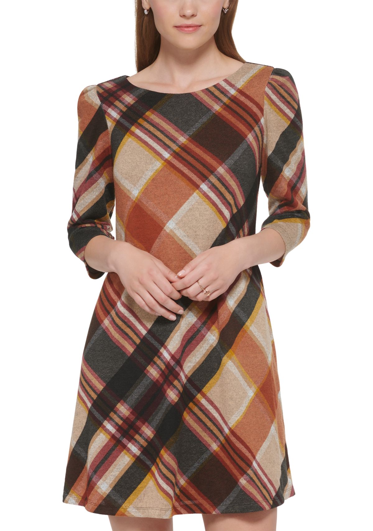 Womens 3/4 Sleeve Plaid Print A-Line Dress