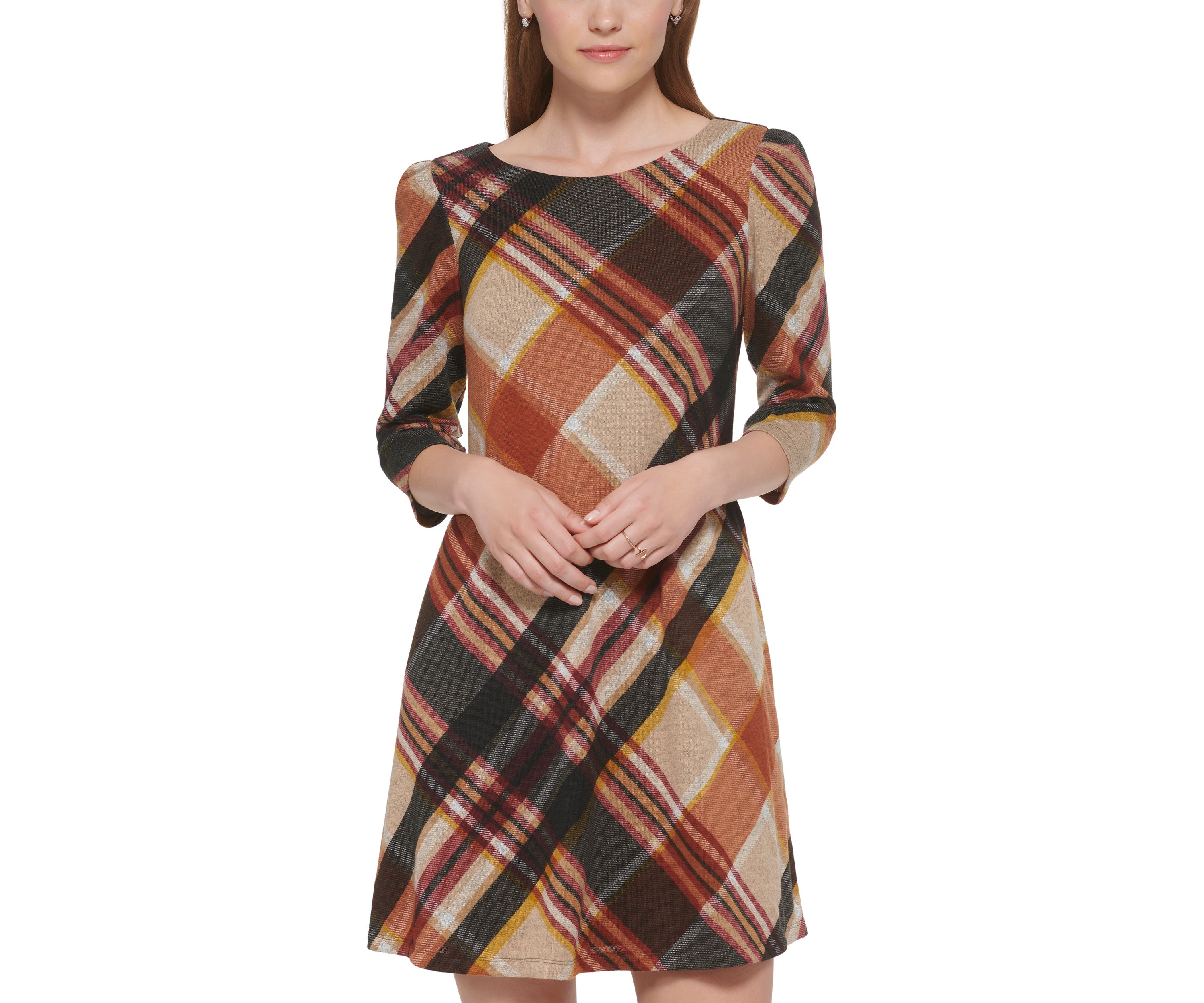 Womens 3/4 Sleeve Plaid Print A-Line Dress