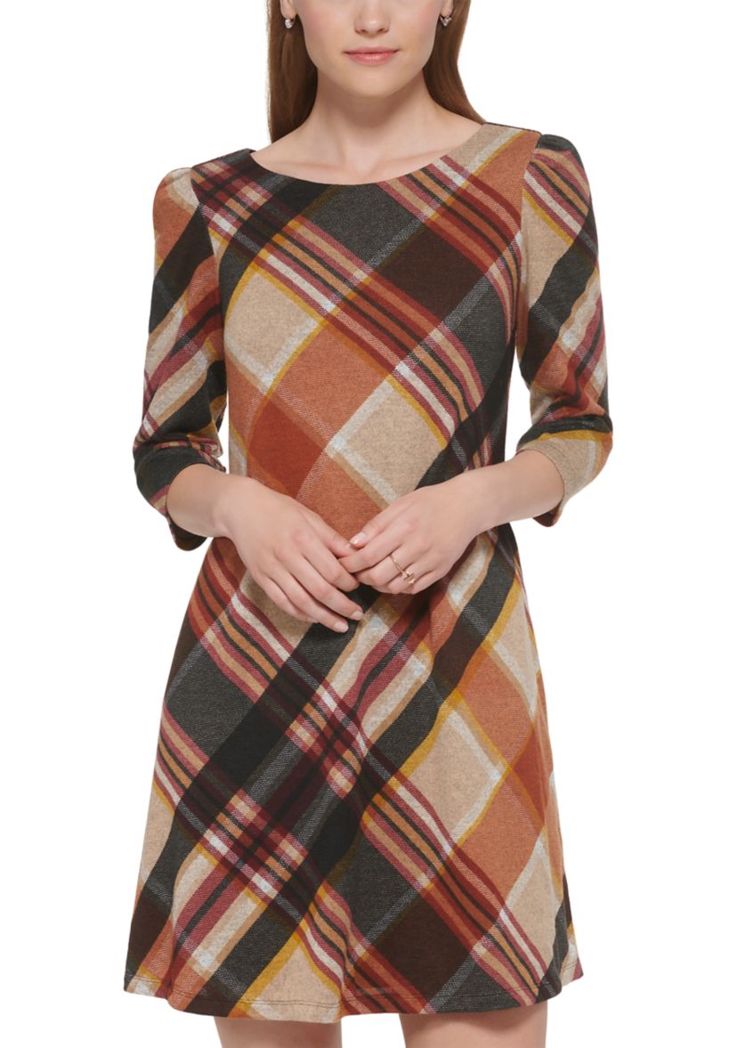 Womens 3/4 Sleeve Plaid Print A-Line Dress
