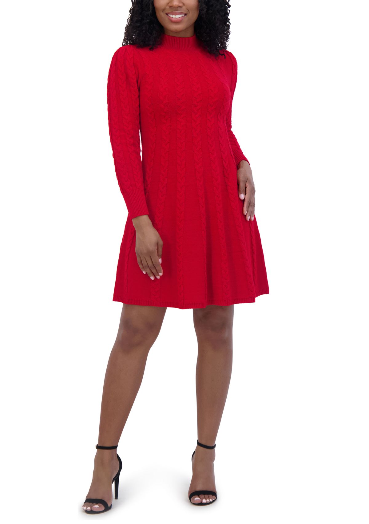 Womens Long Sleeve Mock Neck Solid A-Line Dress