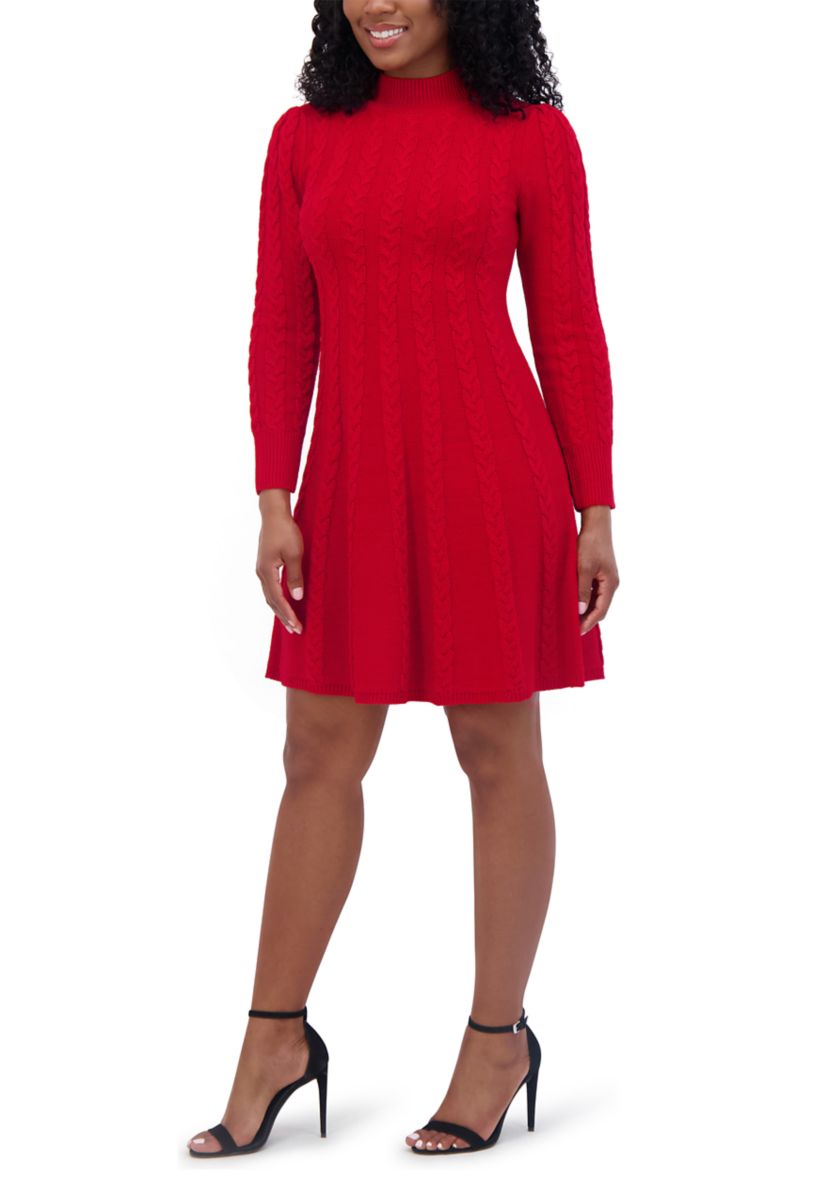 Womens Long Sleeve Mock Neck Solid A-Line Dress