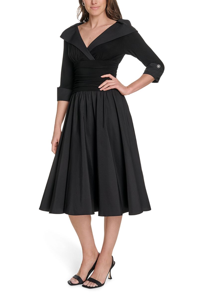 Womens 3/4 Sleeve V-Neck Dress with Collar 