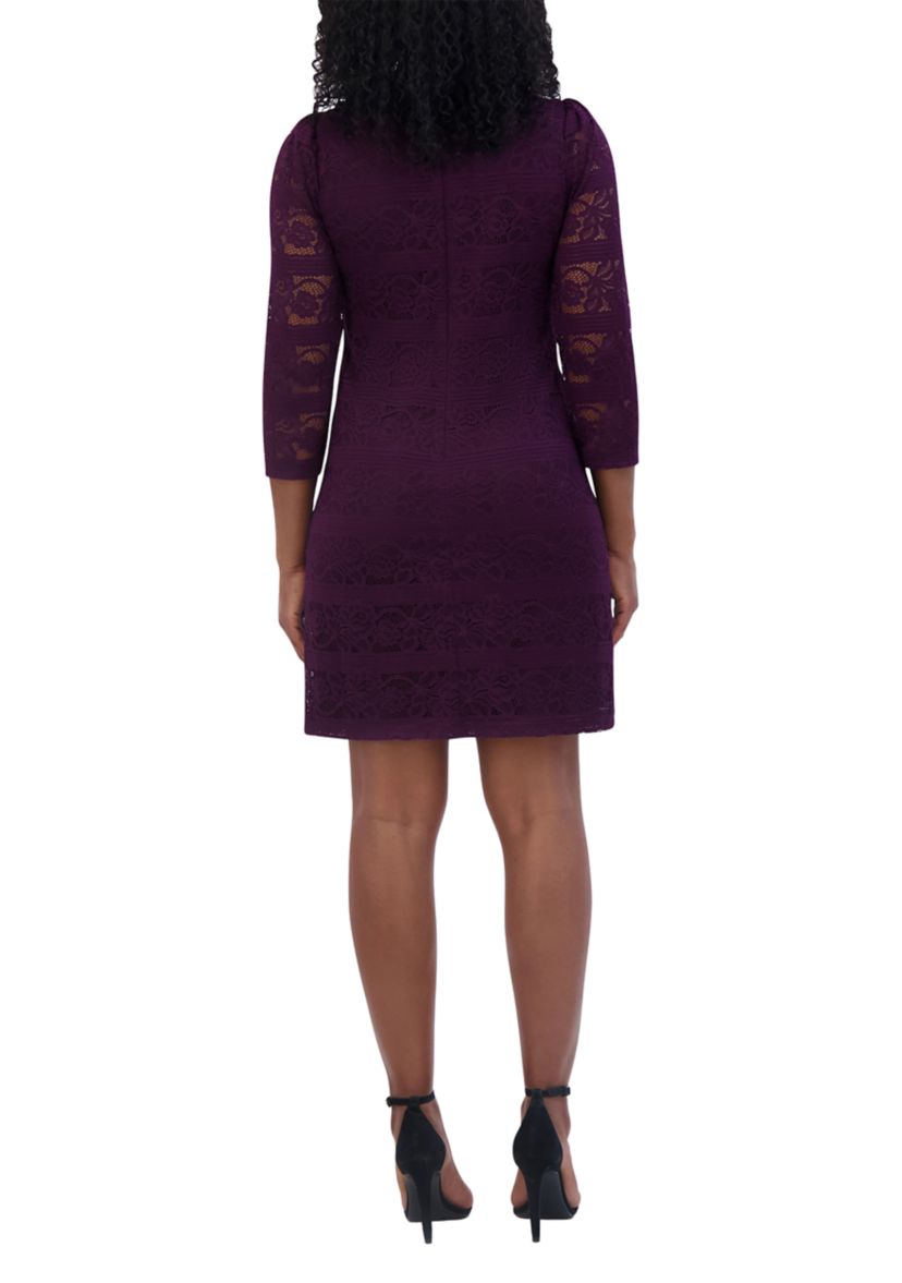 Womens 3/4 Sleeve Crew Neck Solid Lace A-Line Dress