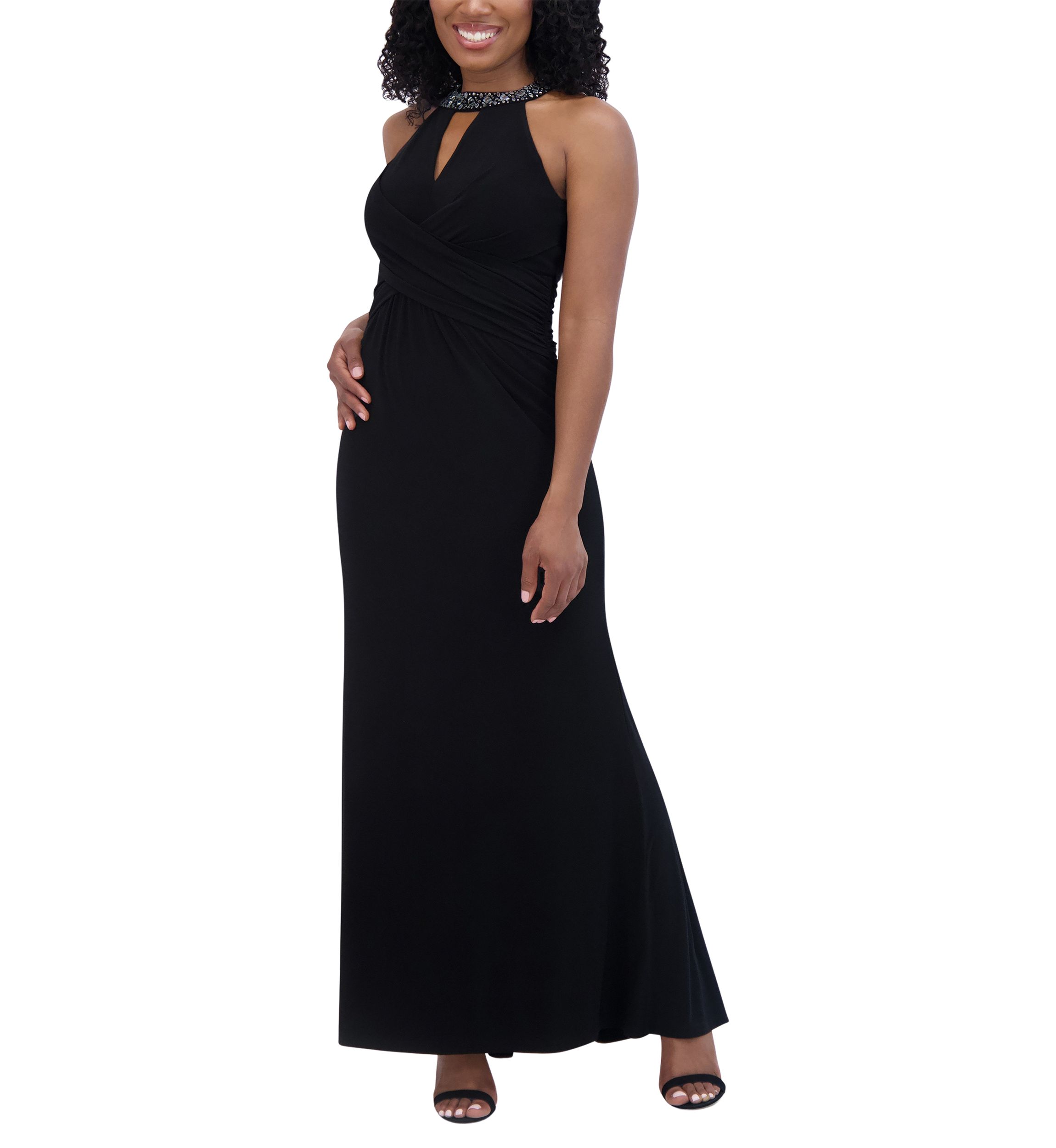 Womens Sleeveless Halter Neck Solid Sheath Gown