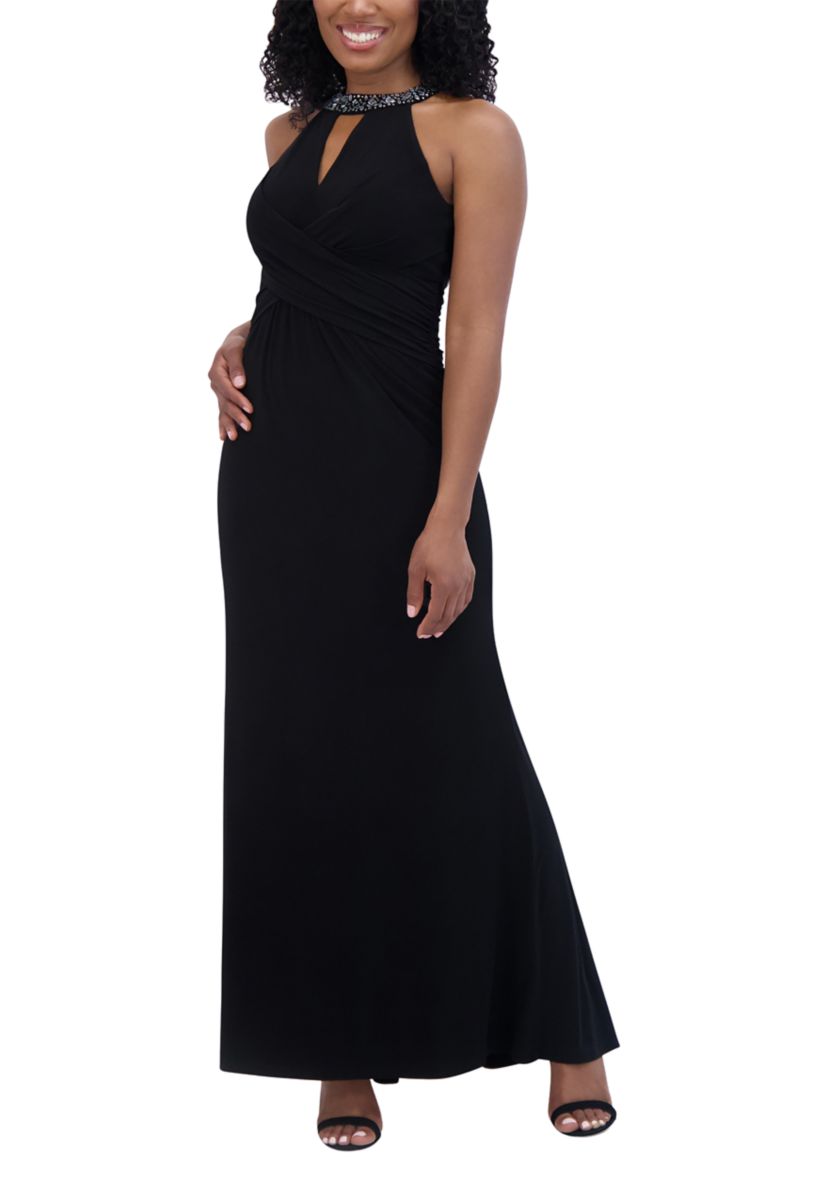 Womens Sleeveless Halter Neck Solid Sheath Gown