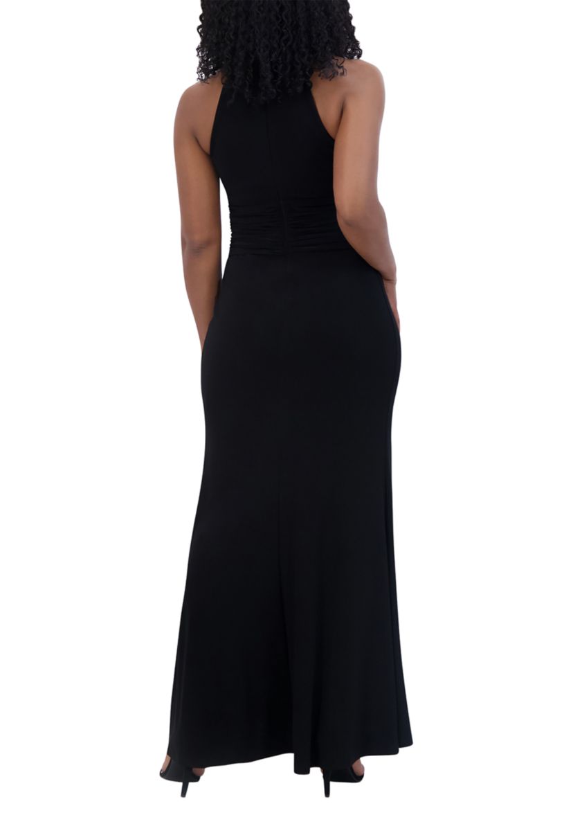 Womens Sleeveless Halter Neck Solid Sheath Gown