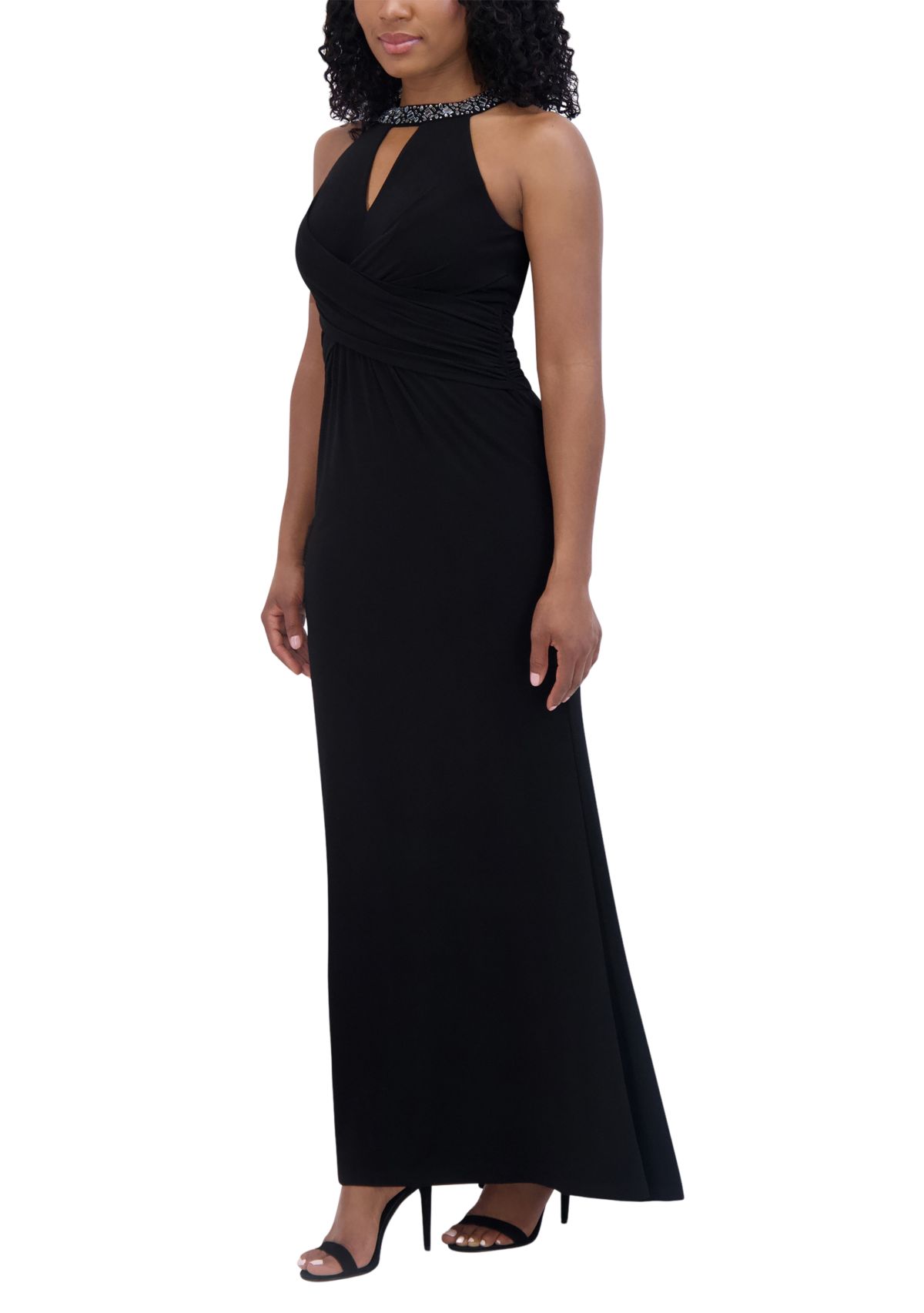 Womens Sleeveless Halter Neck Solid Sheath Gown