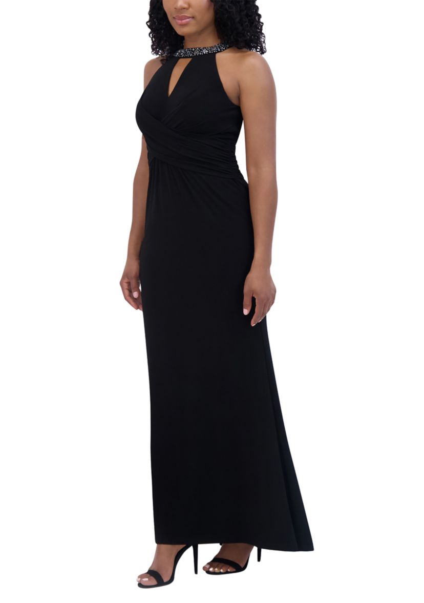 Womens Sleeveless Halter Neck Solid Sheath Gown