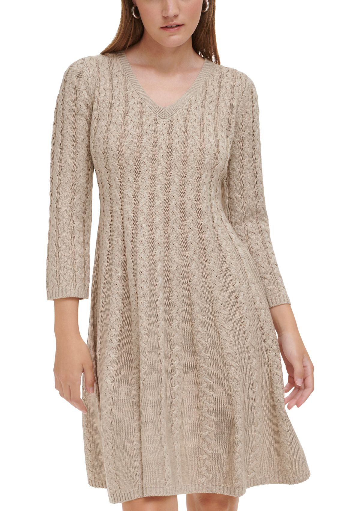 Womens 3/4 Sleeve V-Neck Solid Pleated A-Line Dress