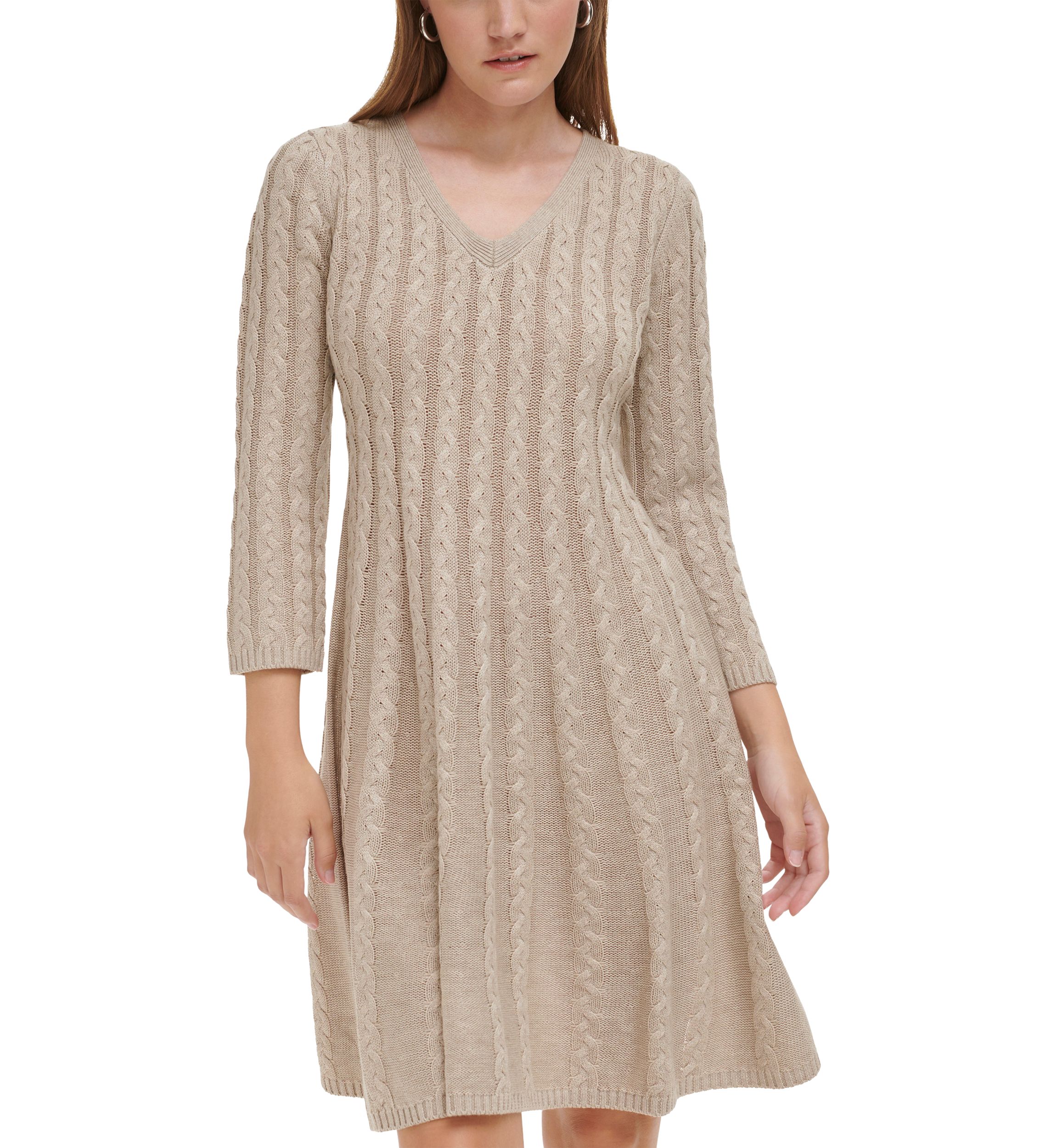 Womens 3/4 Sleeve V-Neck Solid Pleated A-Line Dress