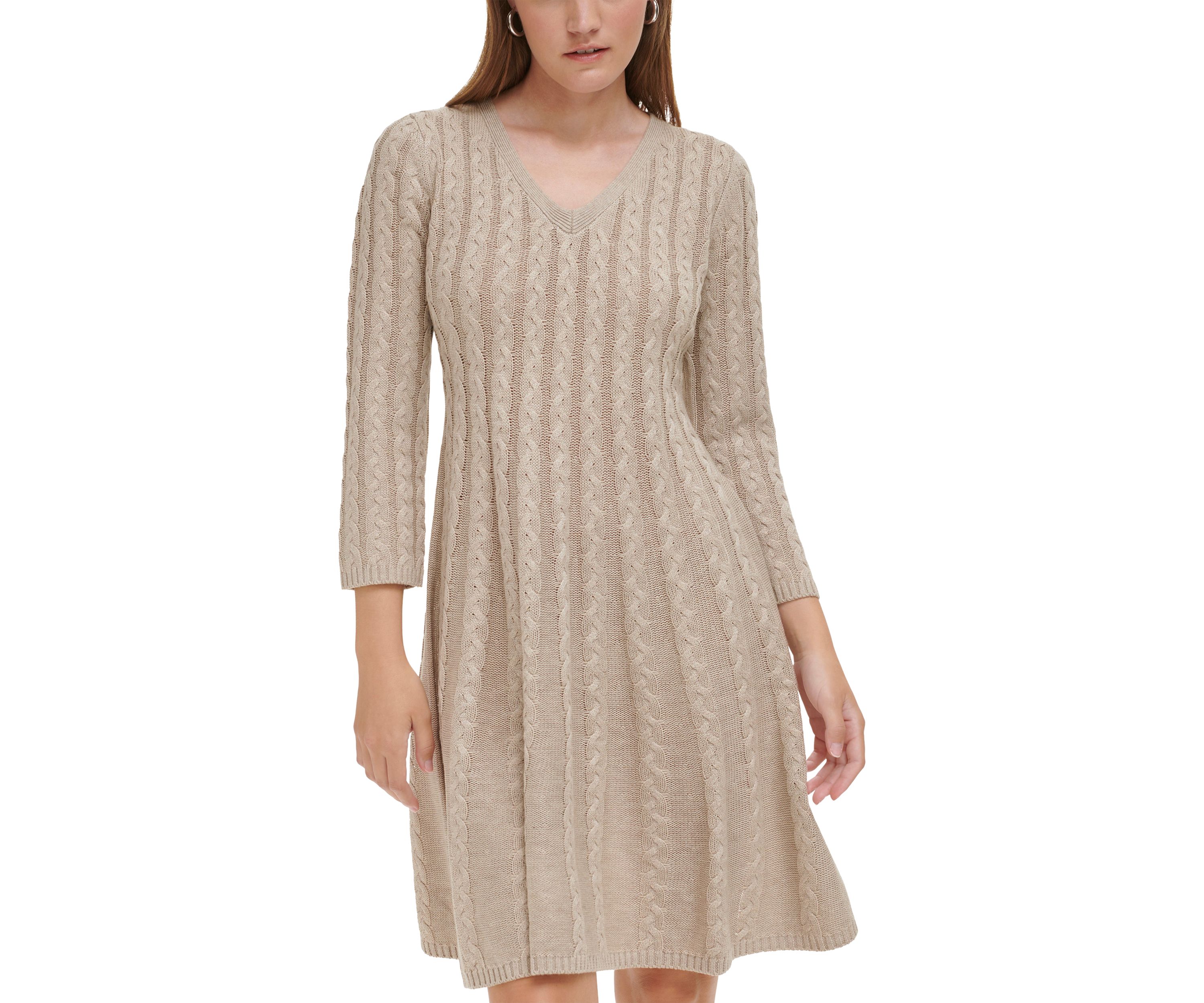 Womens 3/4 Sleeve V-Neck Solid Pleated A-Line Dress