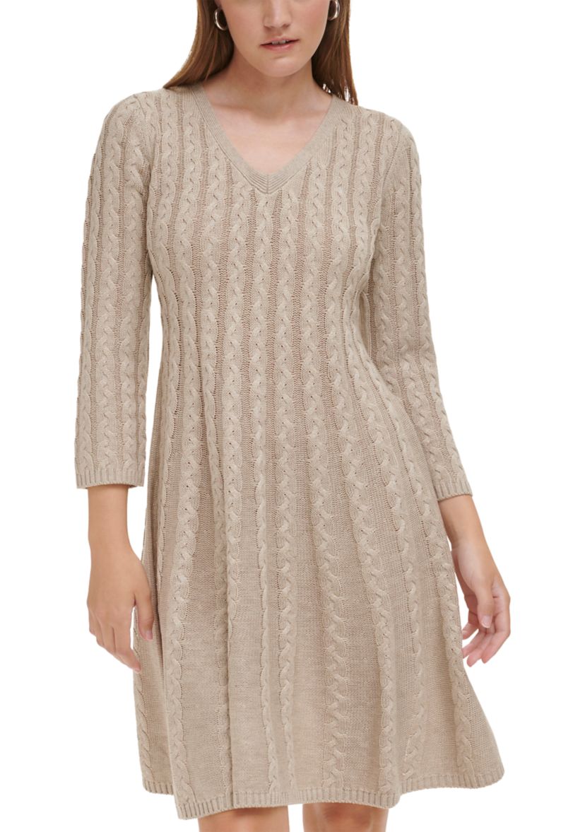 Womens 3/4 Sleeve V-Neck Solid Pleated A-Line Dress
