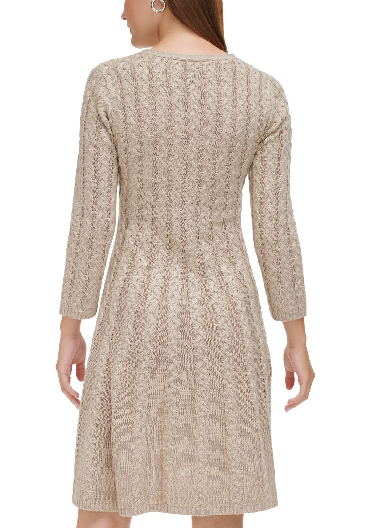 Womens 3/4 Sleeve V-Neck Solid Pleated A-Line Dress