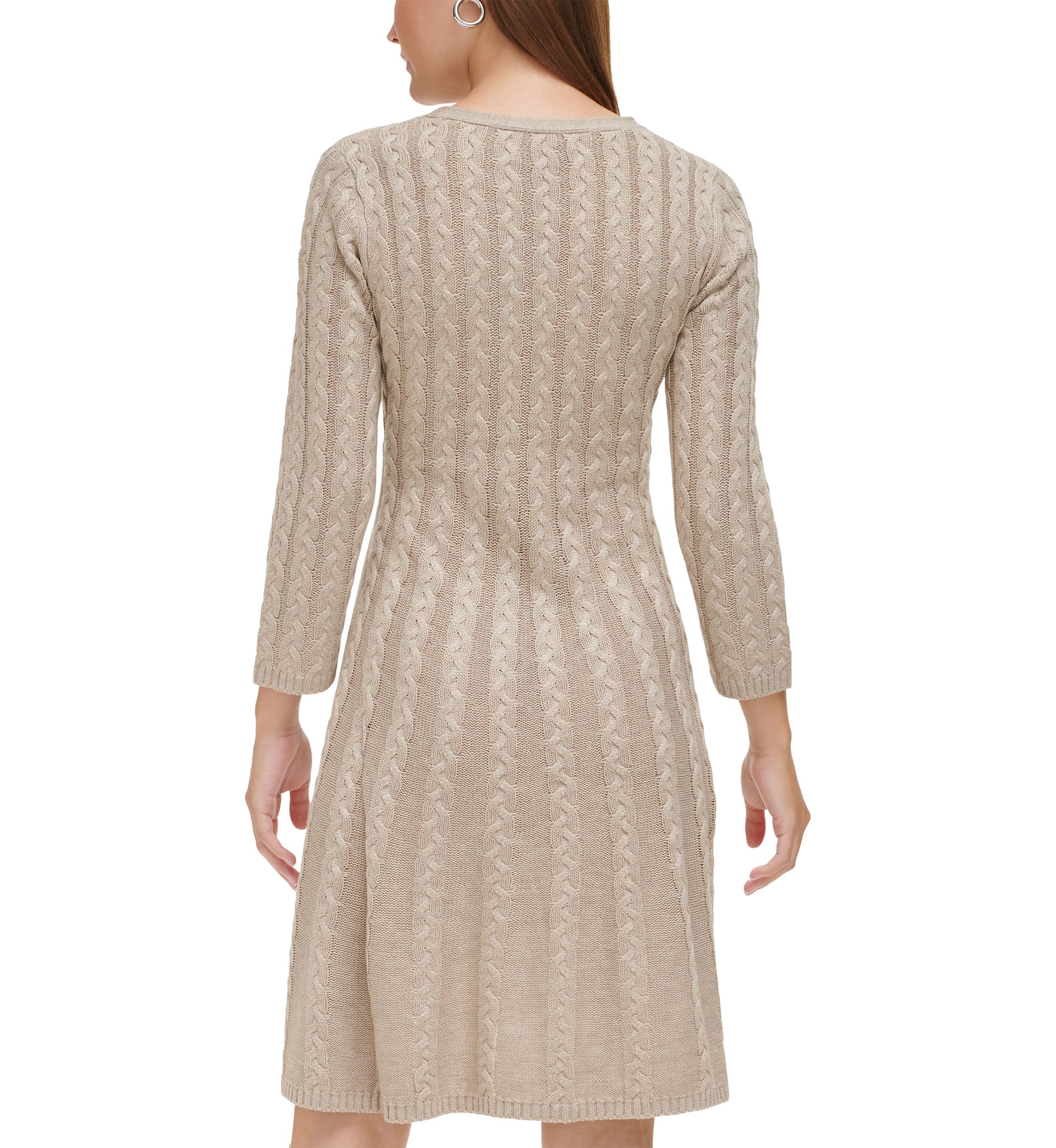 Womens 3/4 Sleeve V-Neck Solid Pleated A-Line Dress