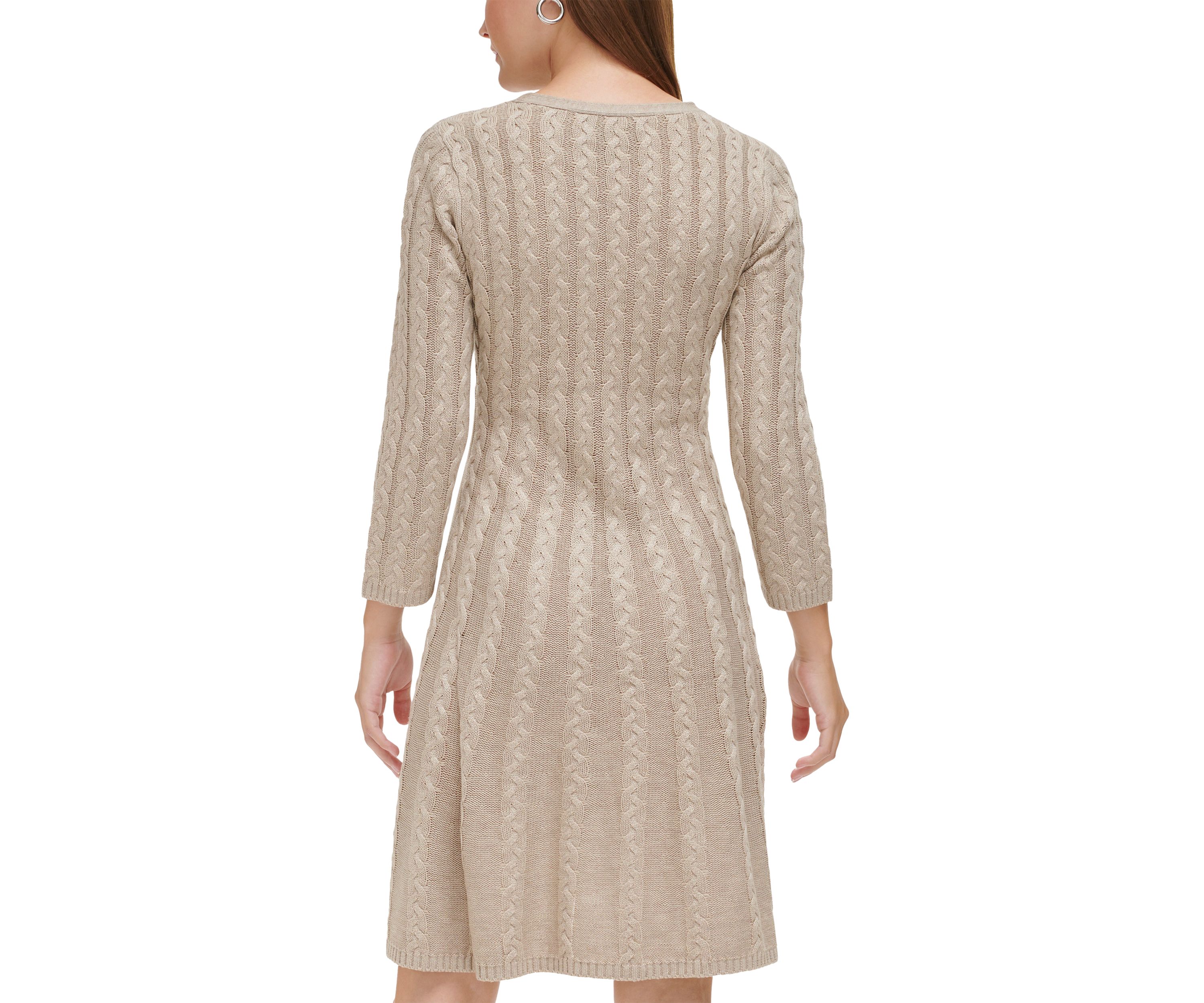 Womens 3/4 Sleeve V-Neck Solid Pleated A-Line Dress