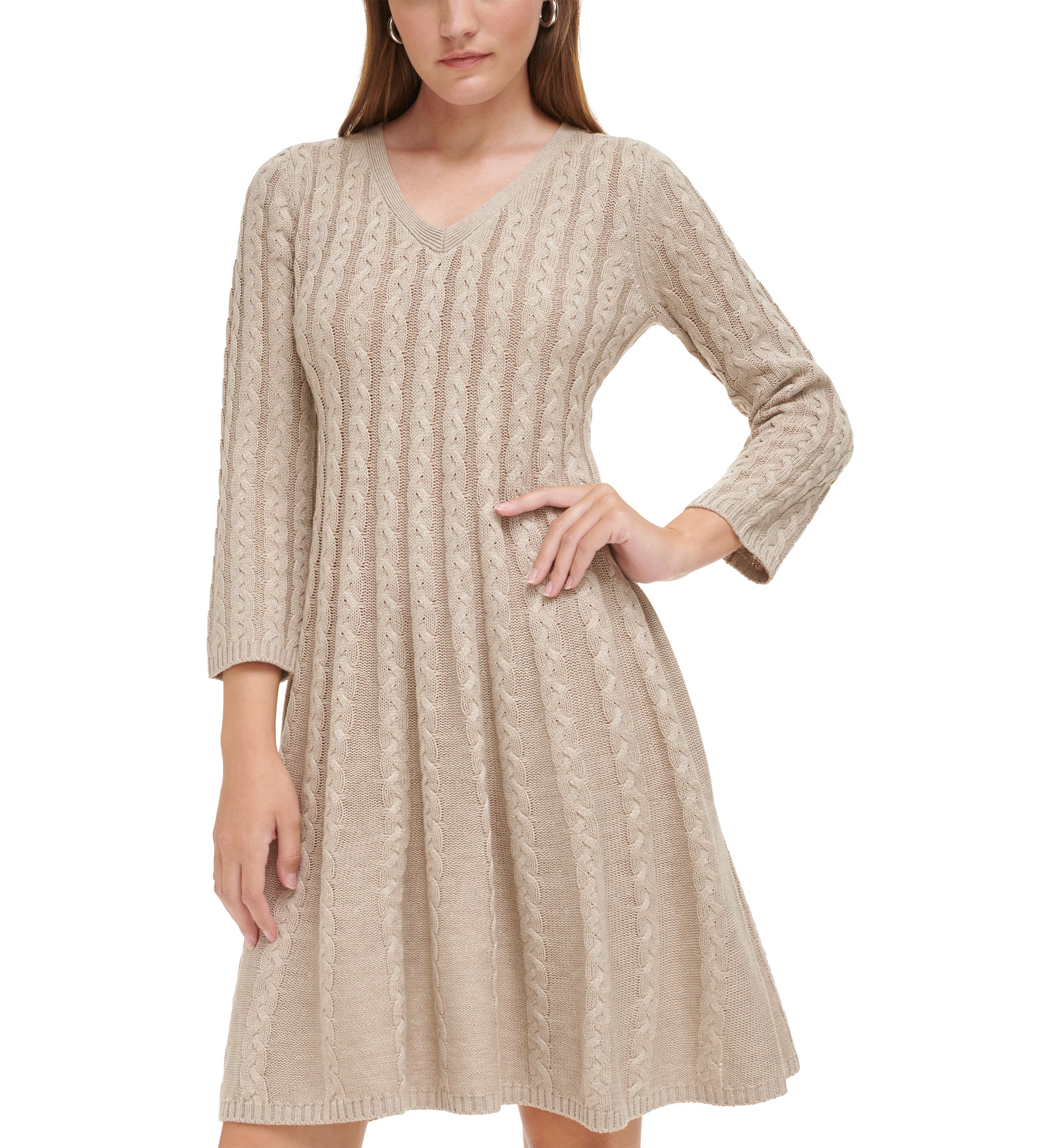 Womens 3/4 Sleeve V-Neck Solid Pleated A-Line Dress