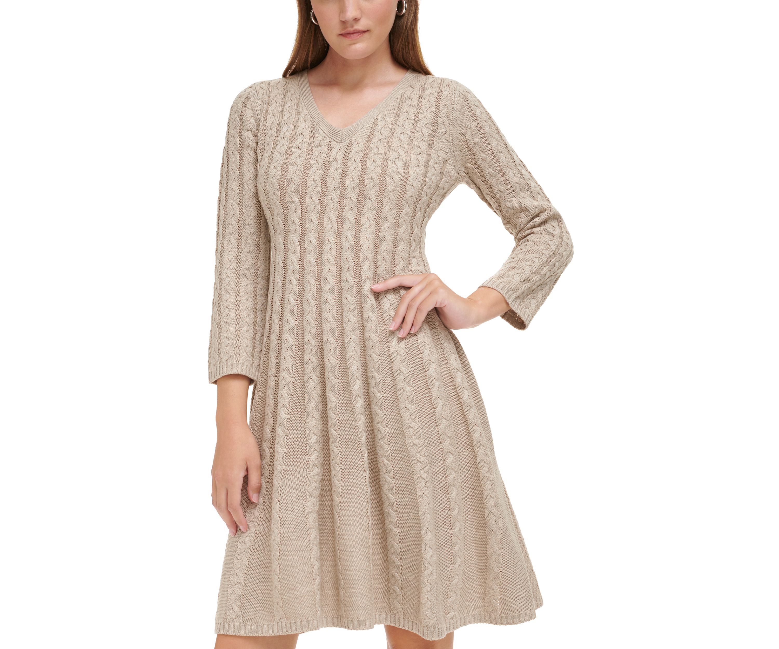 Womens 3/4 Sleeve V-Neck Solid Pleated A-Line Dress