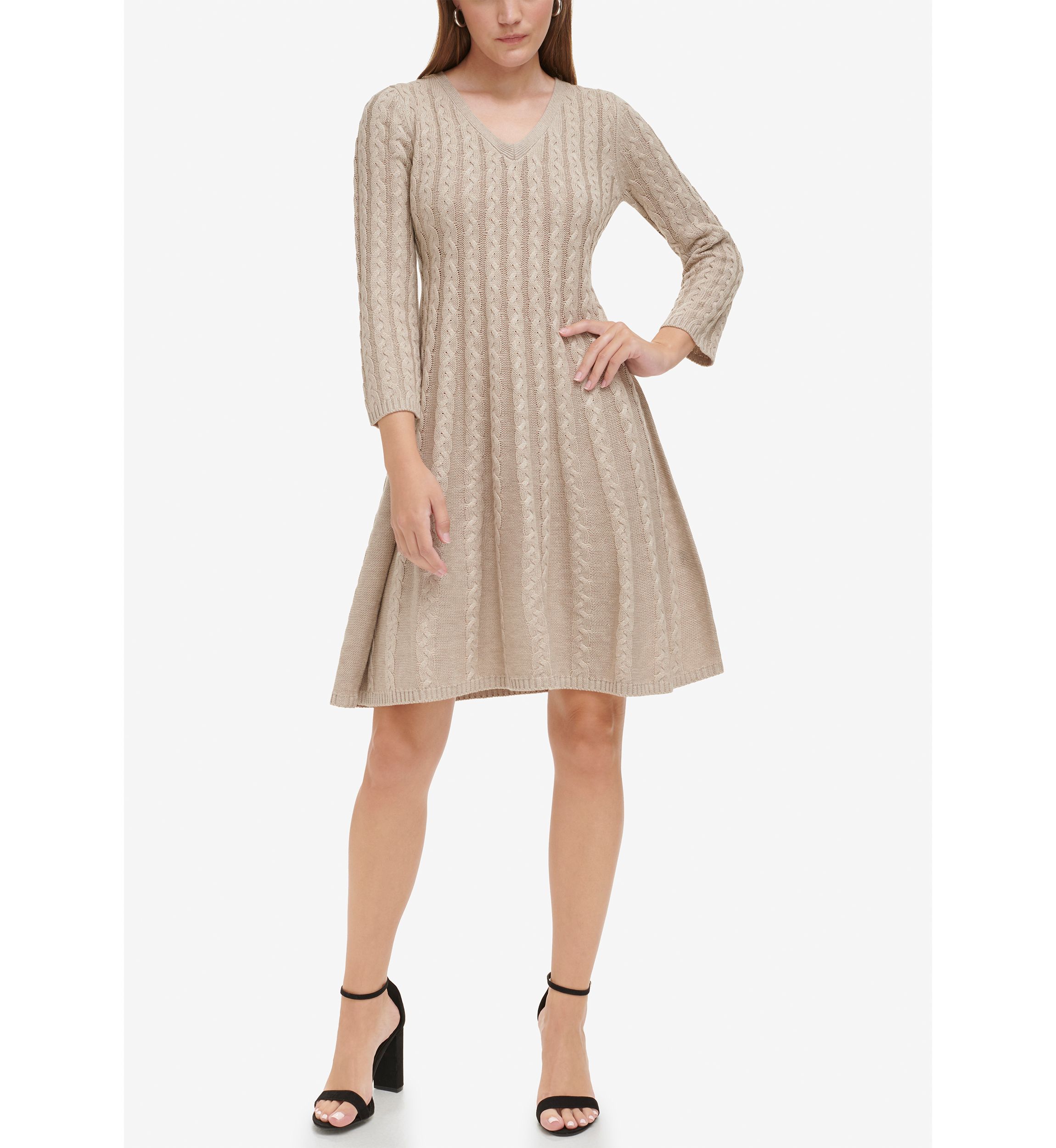 Womens 3/4 Sleeve V-Neck Solid Pleated A-Line Dress