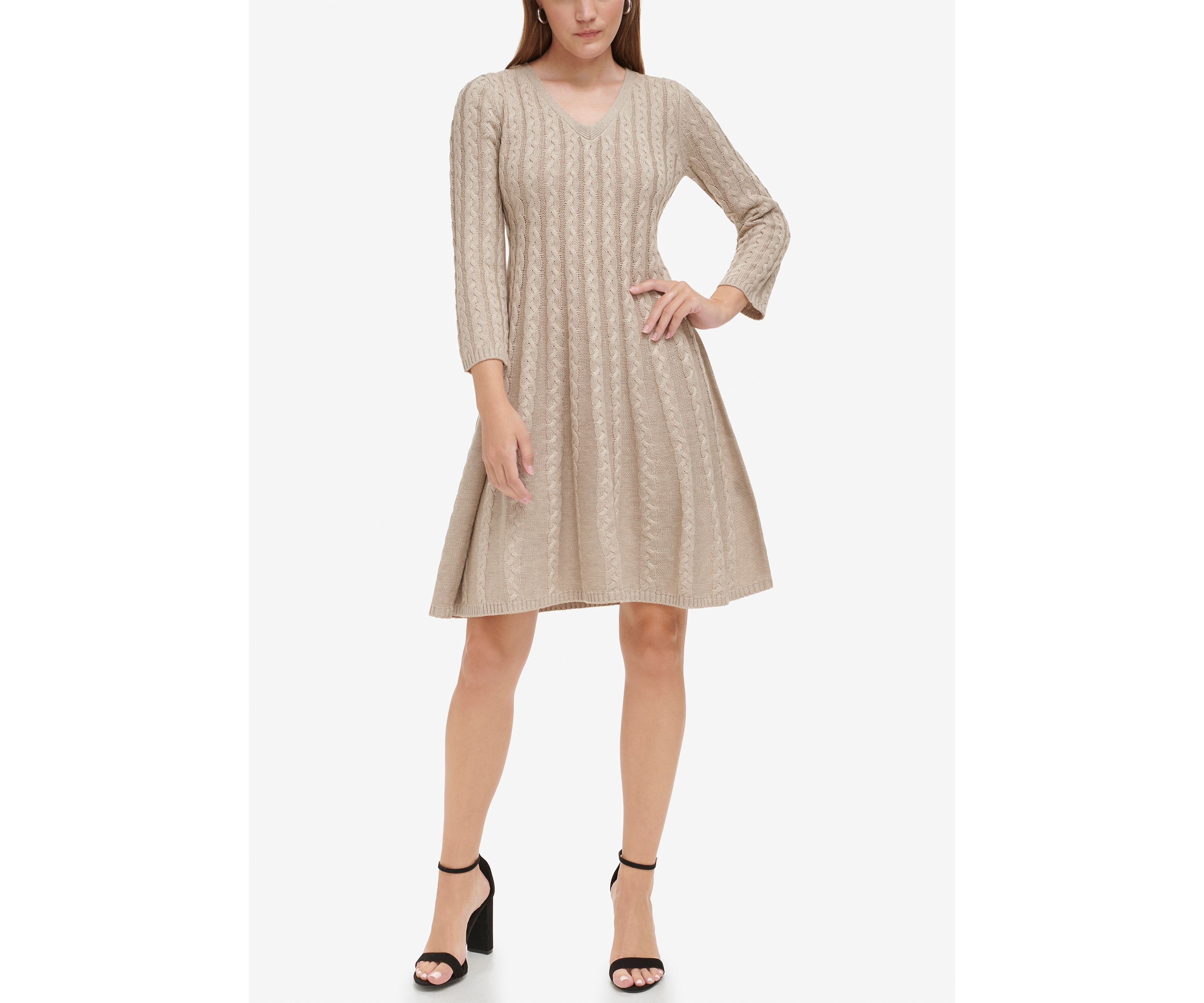 Womens 3/4 Sleeve V-Neck Solid Pleated A-Line Dress