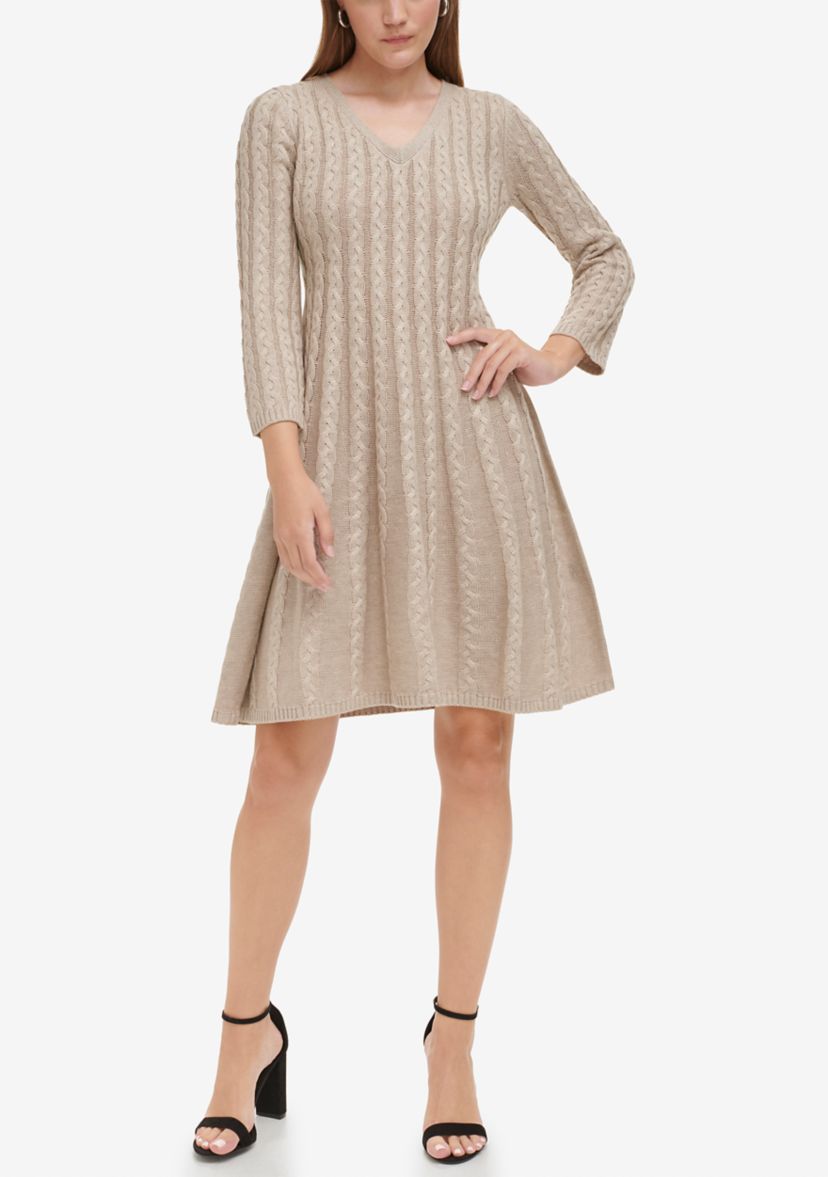 Womens 3/4 Sleeve V-Neck Solid Pleated A-Line Dress