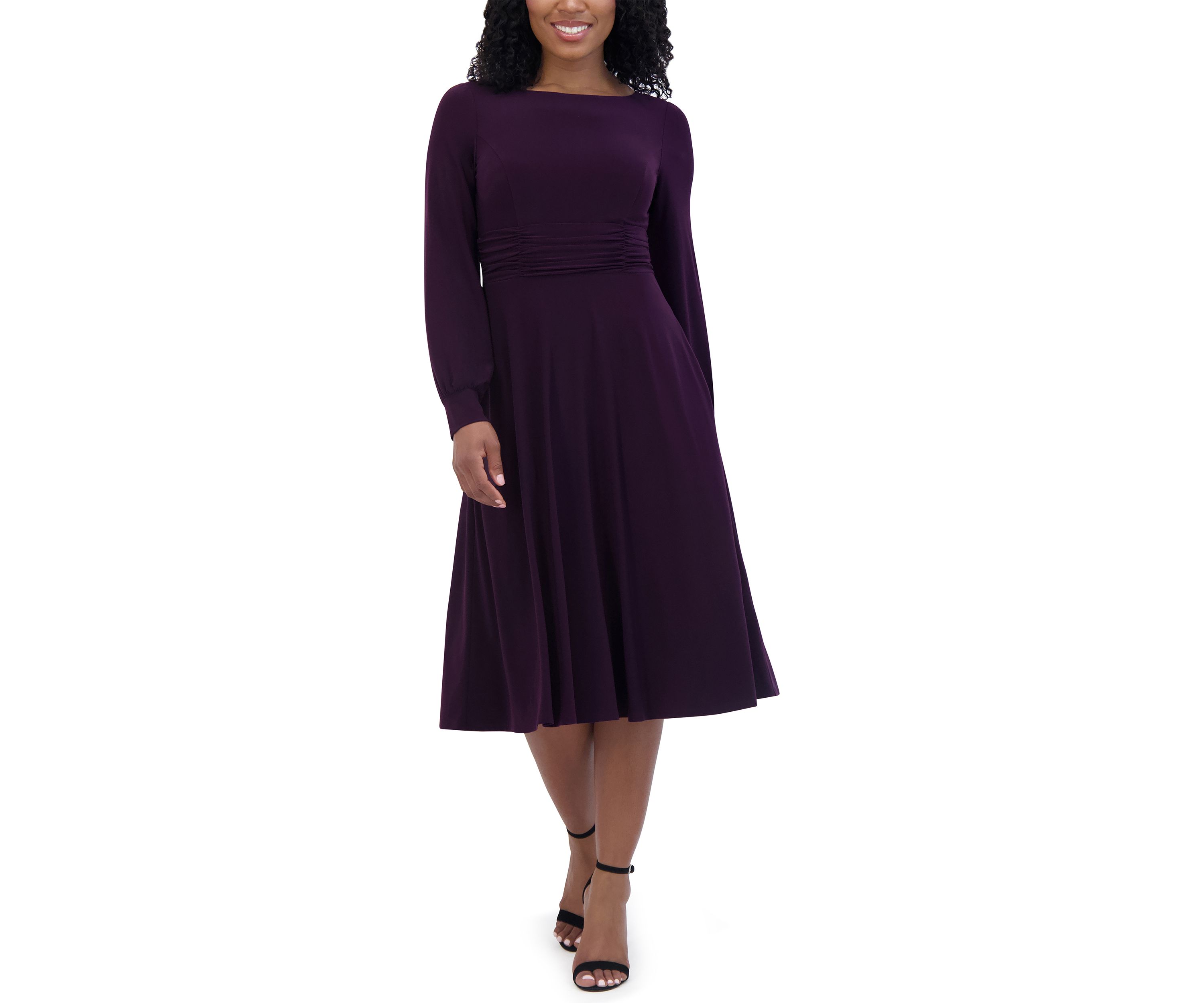 Womens Solid Boat Neck Fit and Flare Dress