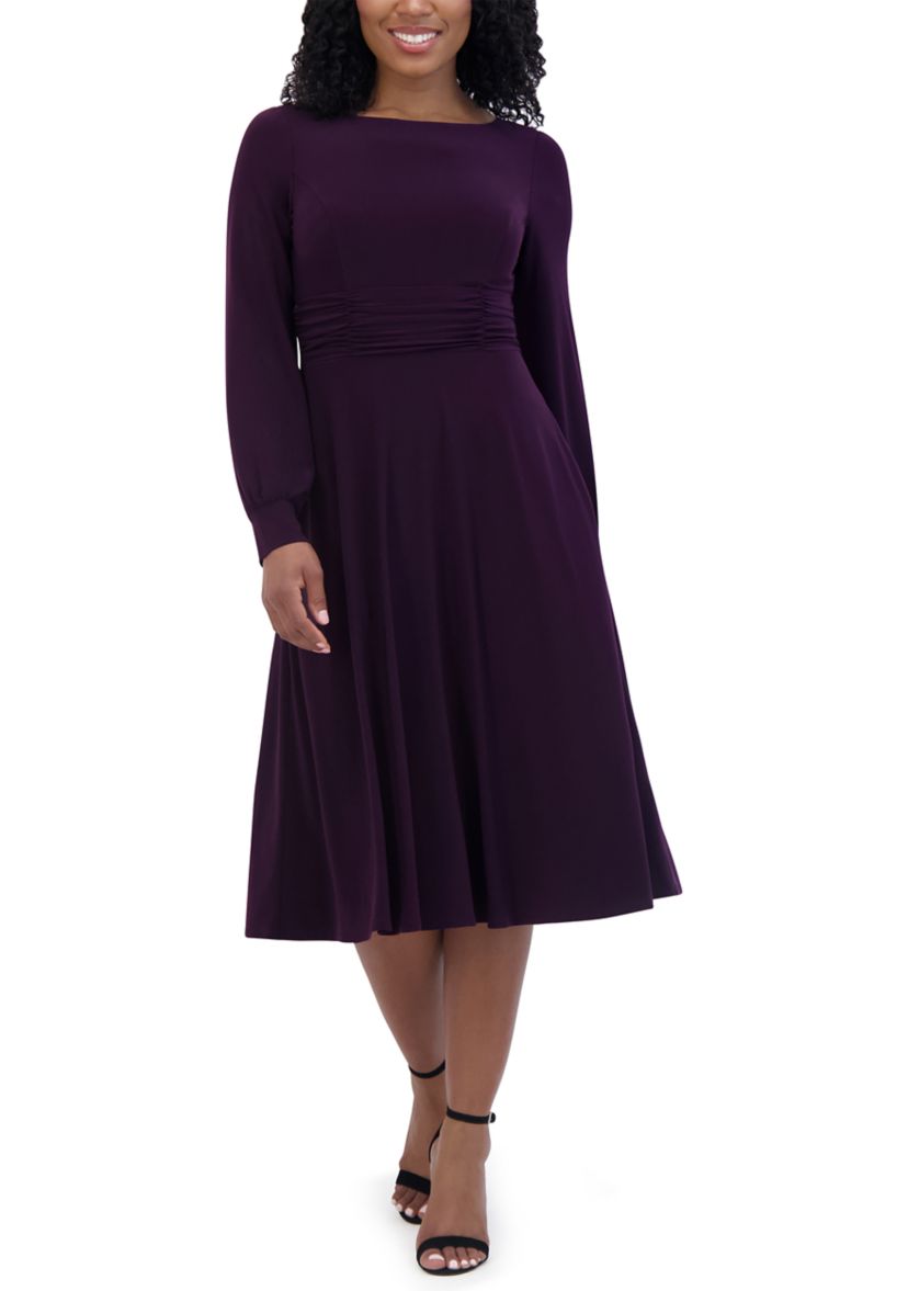 Womens Solid Boat Neck Fit and Flare Dress