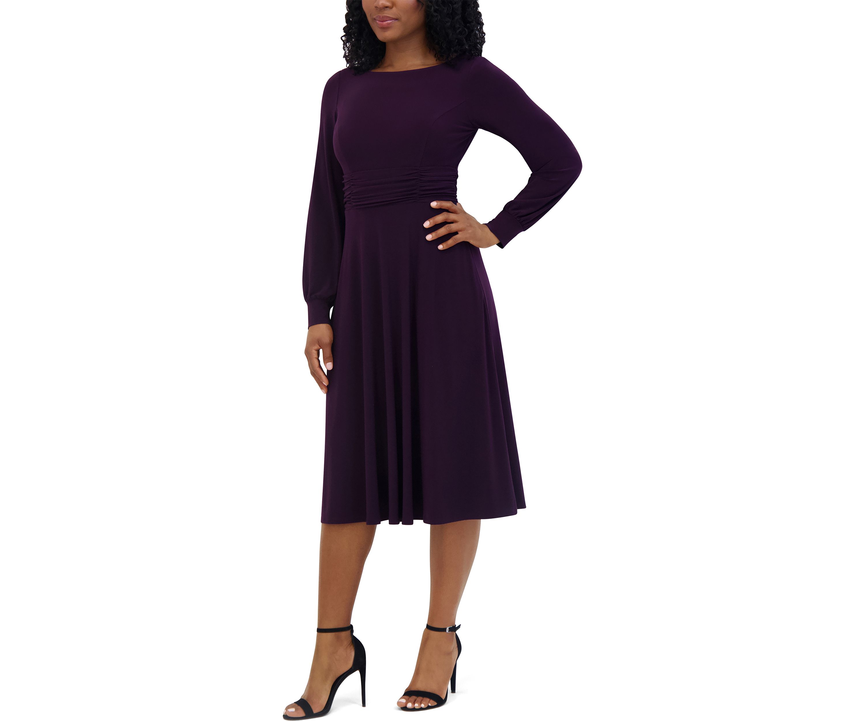 Womens Solid Boat Neck Fit and Flare Dress